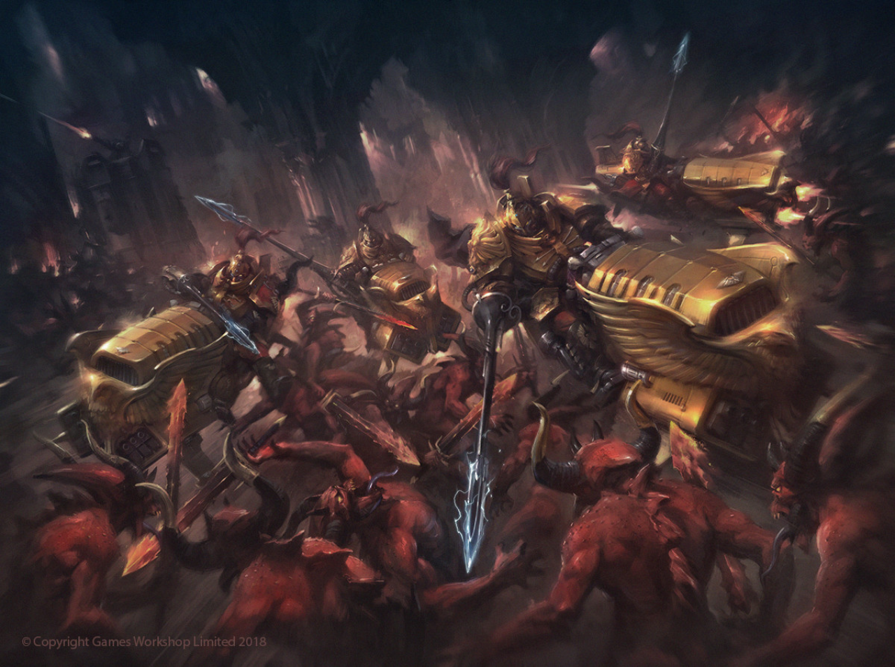 Science Fiction High Tech Warhammer 40 000 Space Marines Gold Red Deamons Adeptus Custodes Blue Jet  1280x954