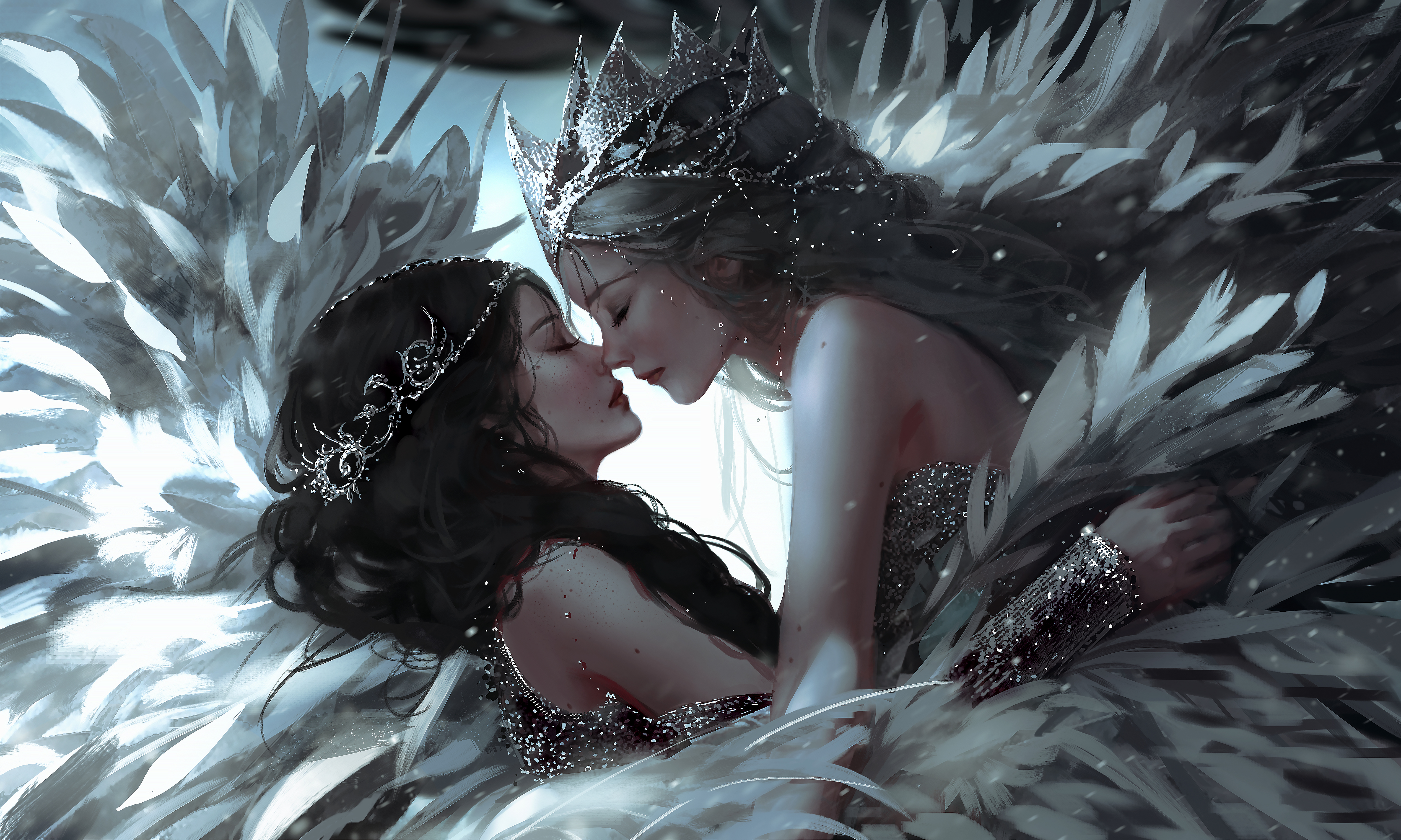 Nixeu Digital Art Artwork Illustration Women Fantasy Art Fantasy Girl Couple Dark Hair Feathers Jewe 6144x3686