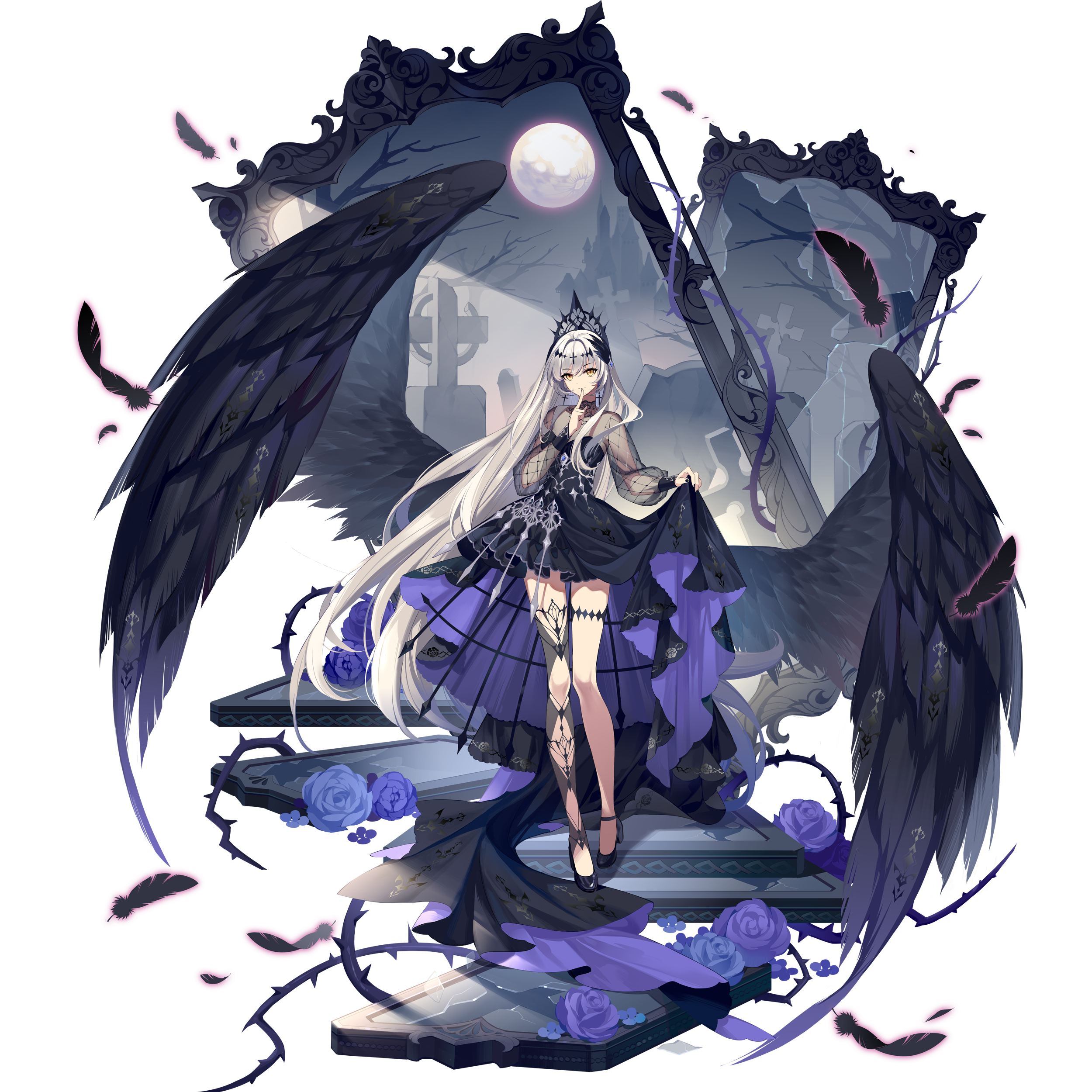 Anime Girls Wings Moon Angel Feathers Long Hair 2500x2500