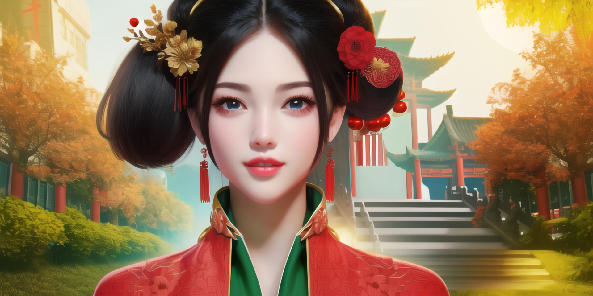 Ai Art Asian Women Looking At Viewer Stairs Face Flower In Hair Wallpaper Resolution1920x960 4668