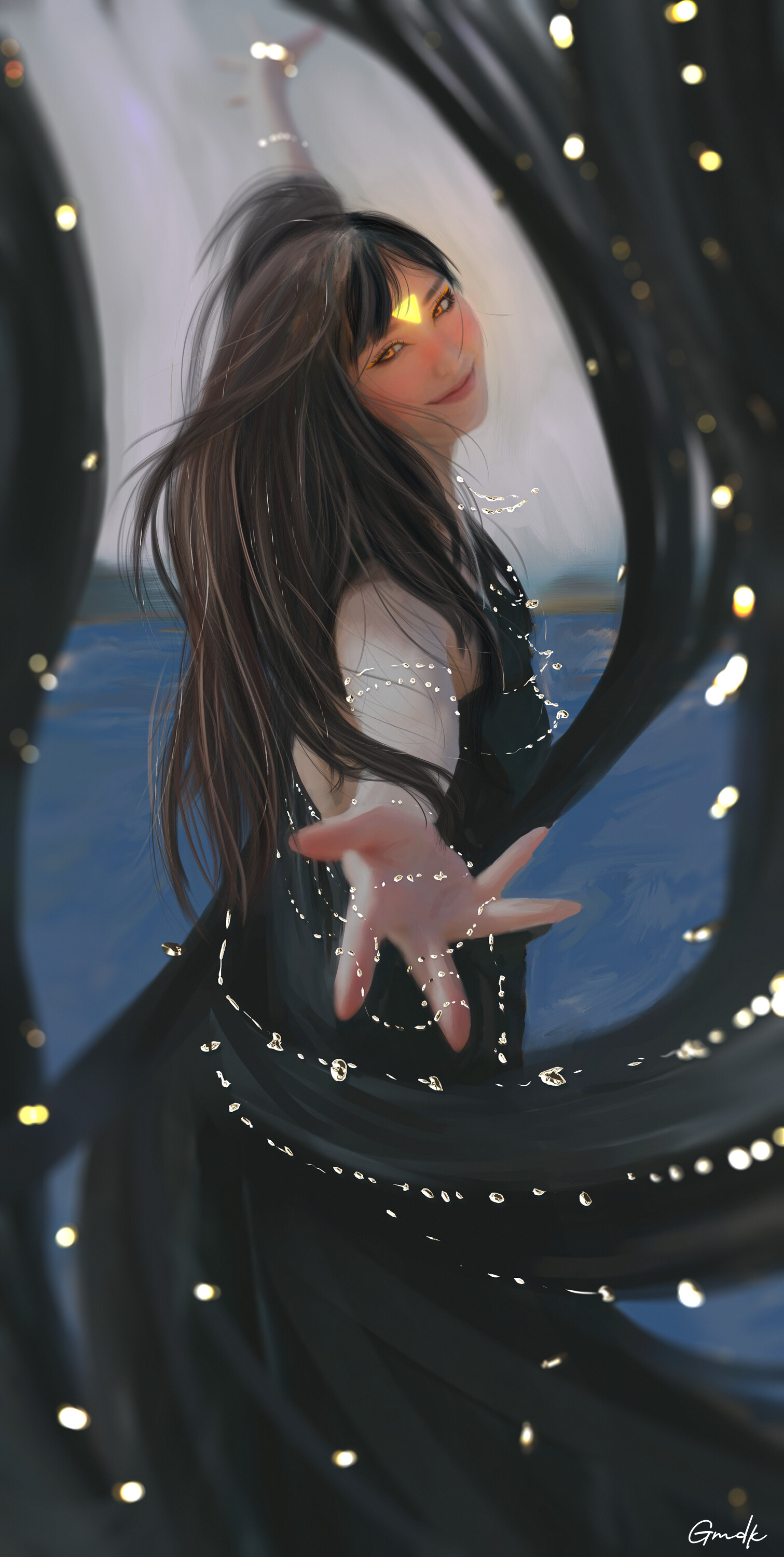 Gmdk Digital Art Artwork Long Hair Black Hair Looking At Viewer Black Clothing Reaching Portrait Dis 1511x3000