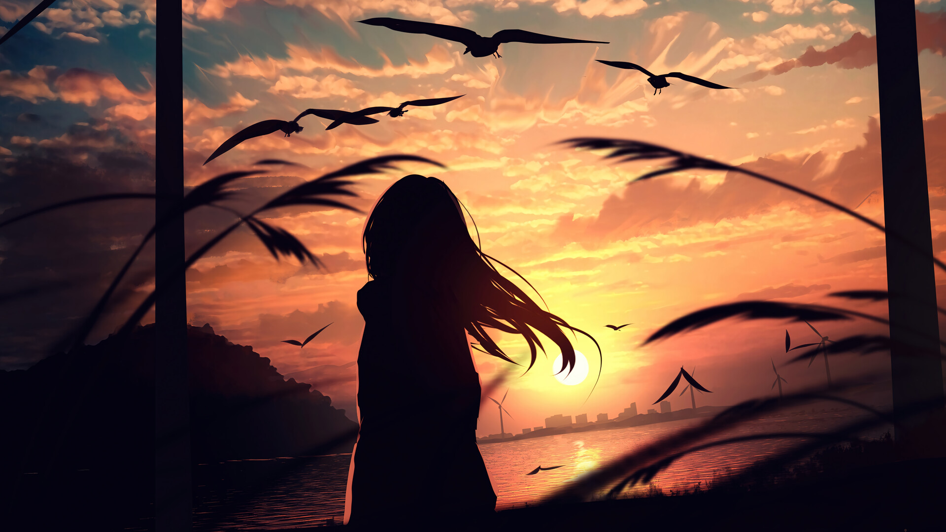 Sunset Sunset Glow Anime Girls Grass Sky Birds Water Wind Turbine Long Hair Clouds Silhouette 1920x1080