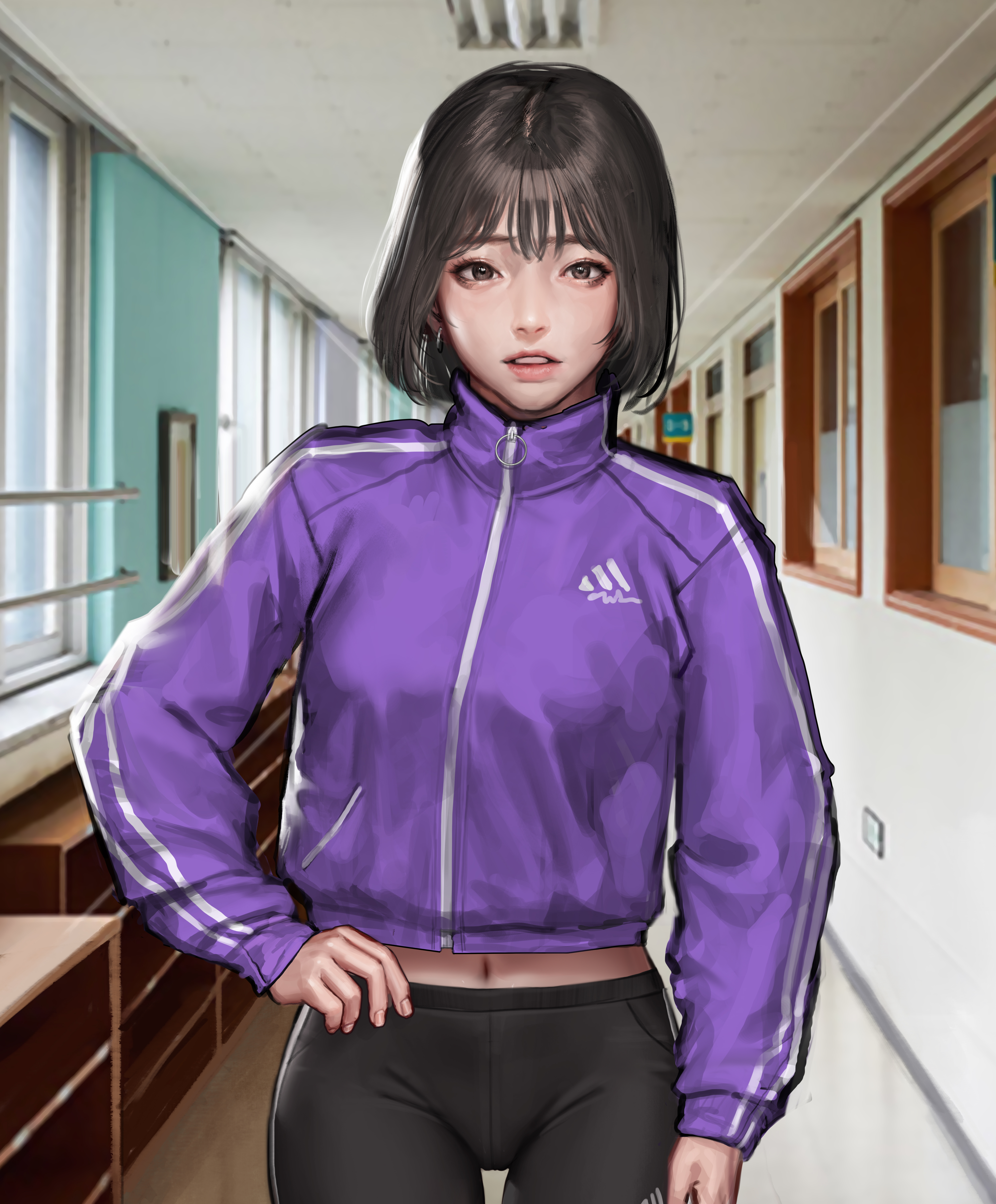 Asian Original Characters Brunette 2D Artwork Drawing Sportswear Sweatshirts Sports Leggings Hallway 5000x6047