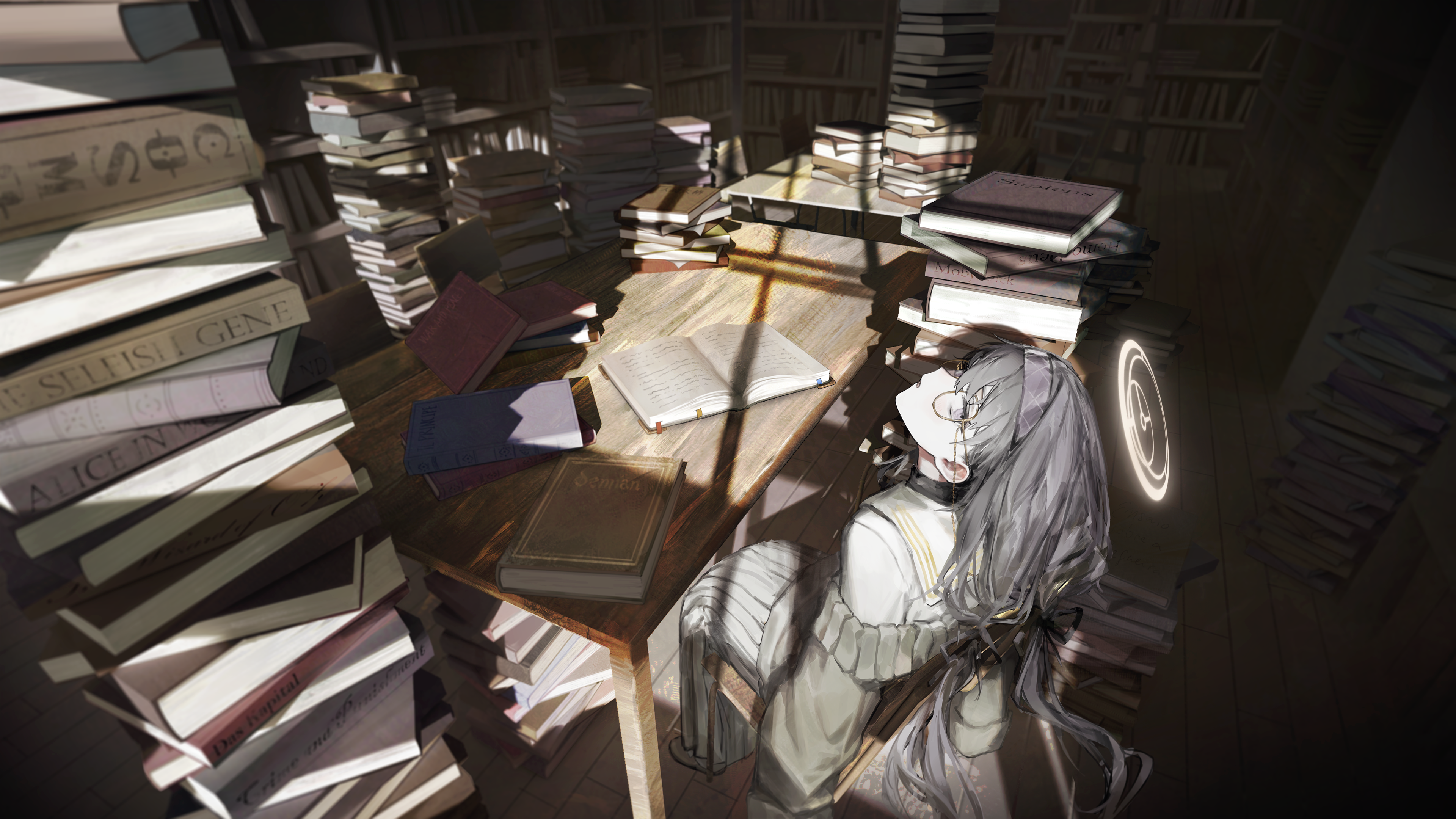 Anime Anime Girls Library Books Table Sitting Wooden Table Sunlight Looking At Viewer Glasses Nimbus 3840x2160