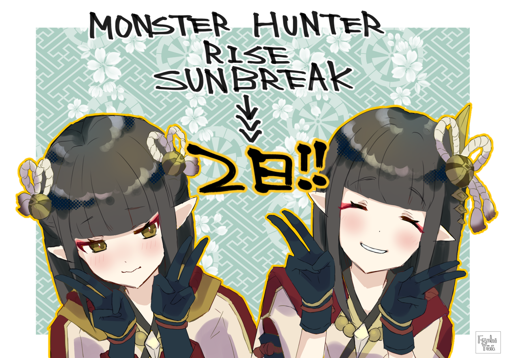 Anime Anime Girls Monster Hunter Monster Hunter Rise Hinoa Minoto Long Hair Pointy Ears Twins Two Wo 1754x1240