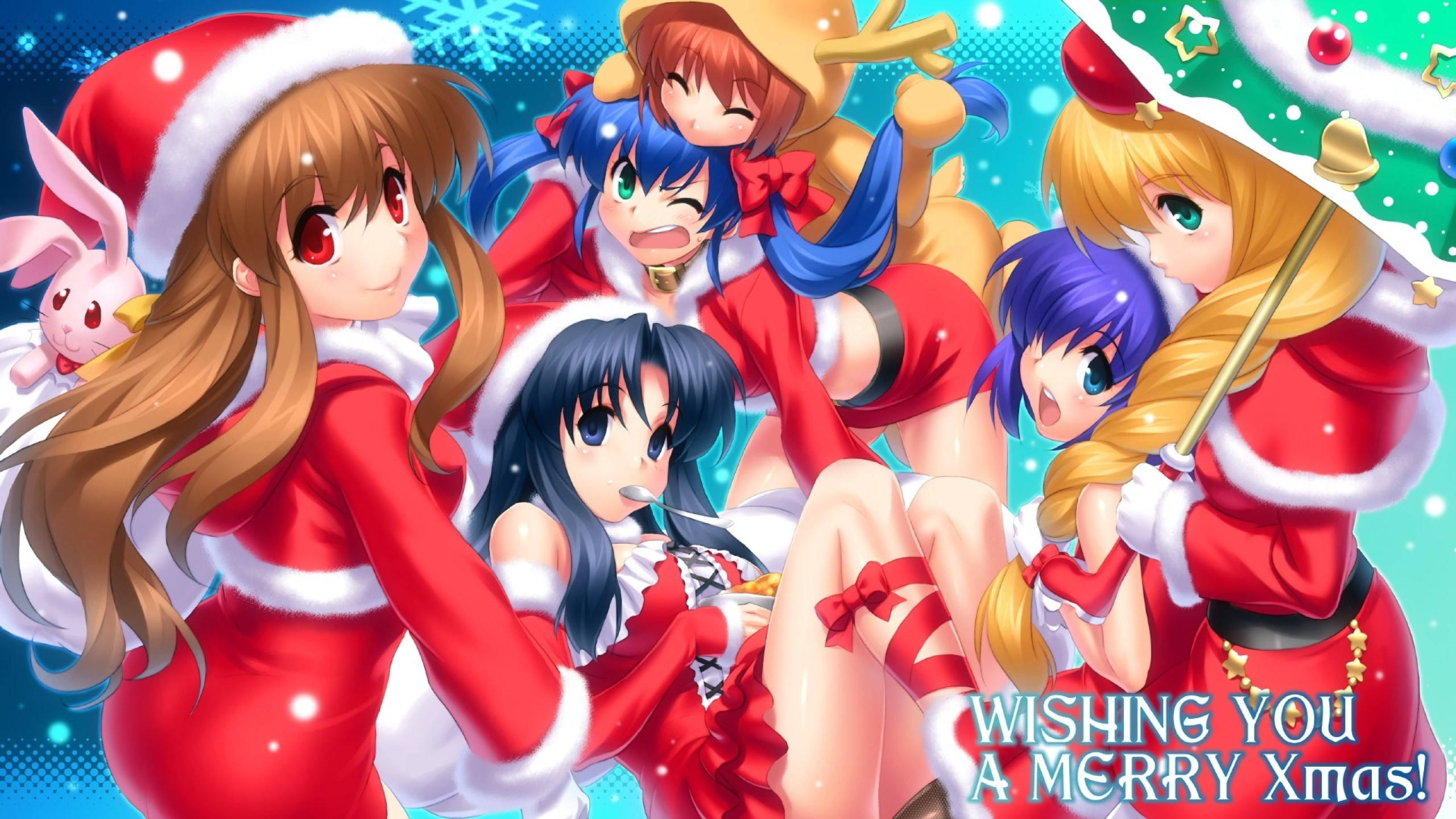 Christmas Christmas Clothes Anime Girls Snowflakes Umbrella Santa Hats One Eye Closed 2560x1440