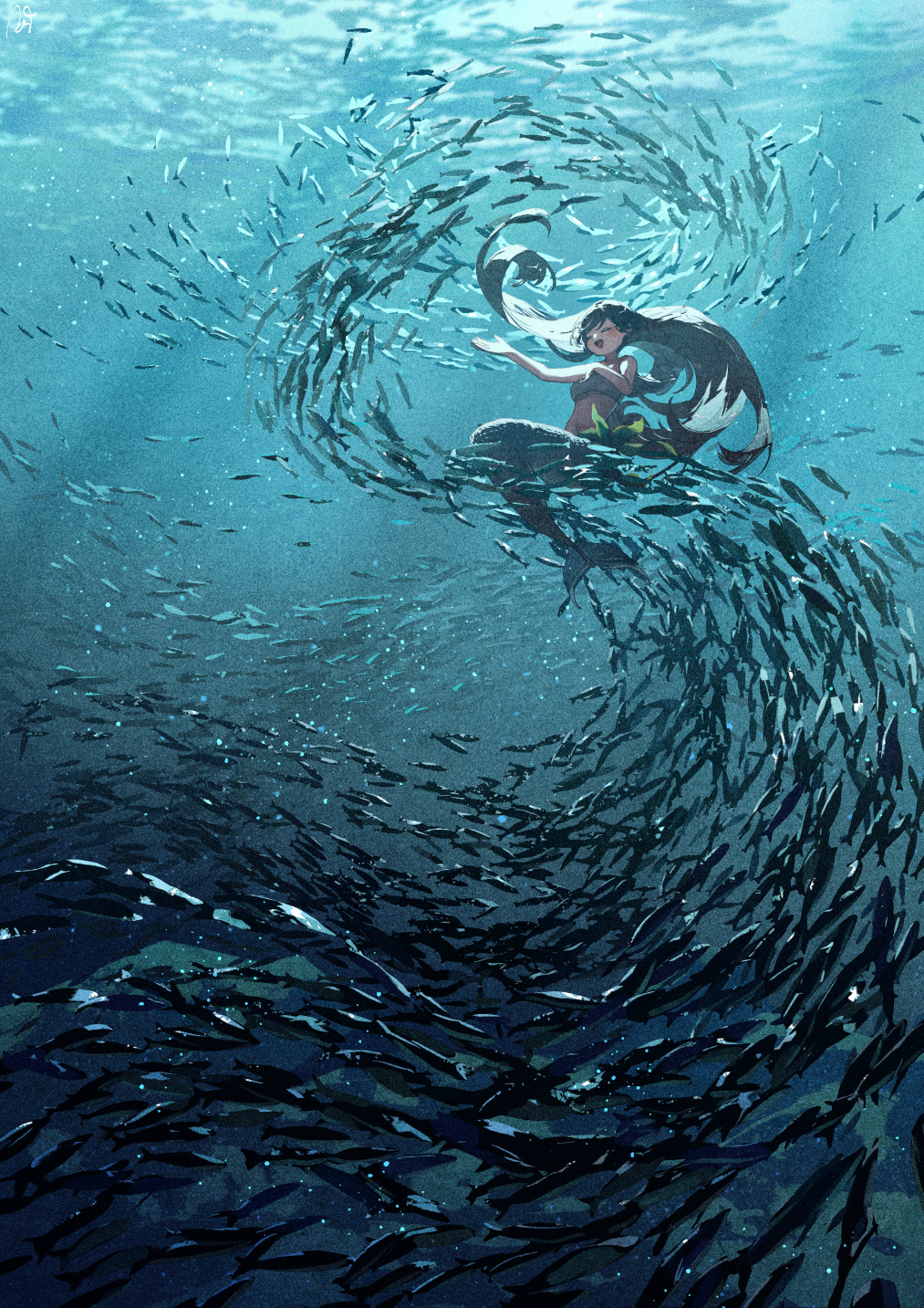 Potg Anime Girls Illustration Artwork Vertical Sea Fish Mermaids Underwater Blue Singing 1013x1433