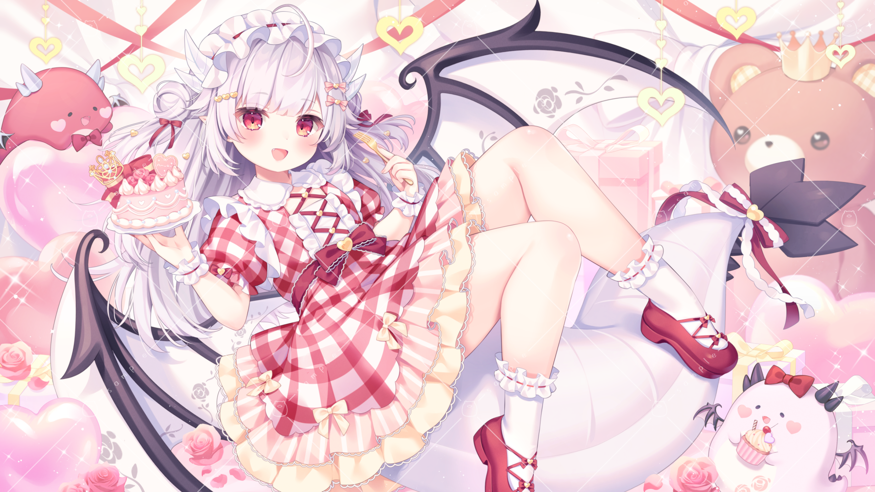 Anime Girls Anime Wings Dress Cake Shoes Teddy Bears Bow Tie Looking At Viewer Long Hair Blushing Fl 1800x1013