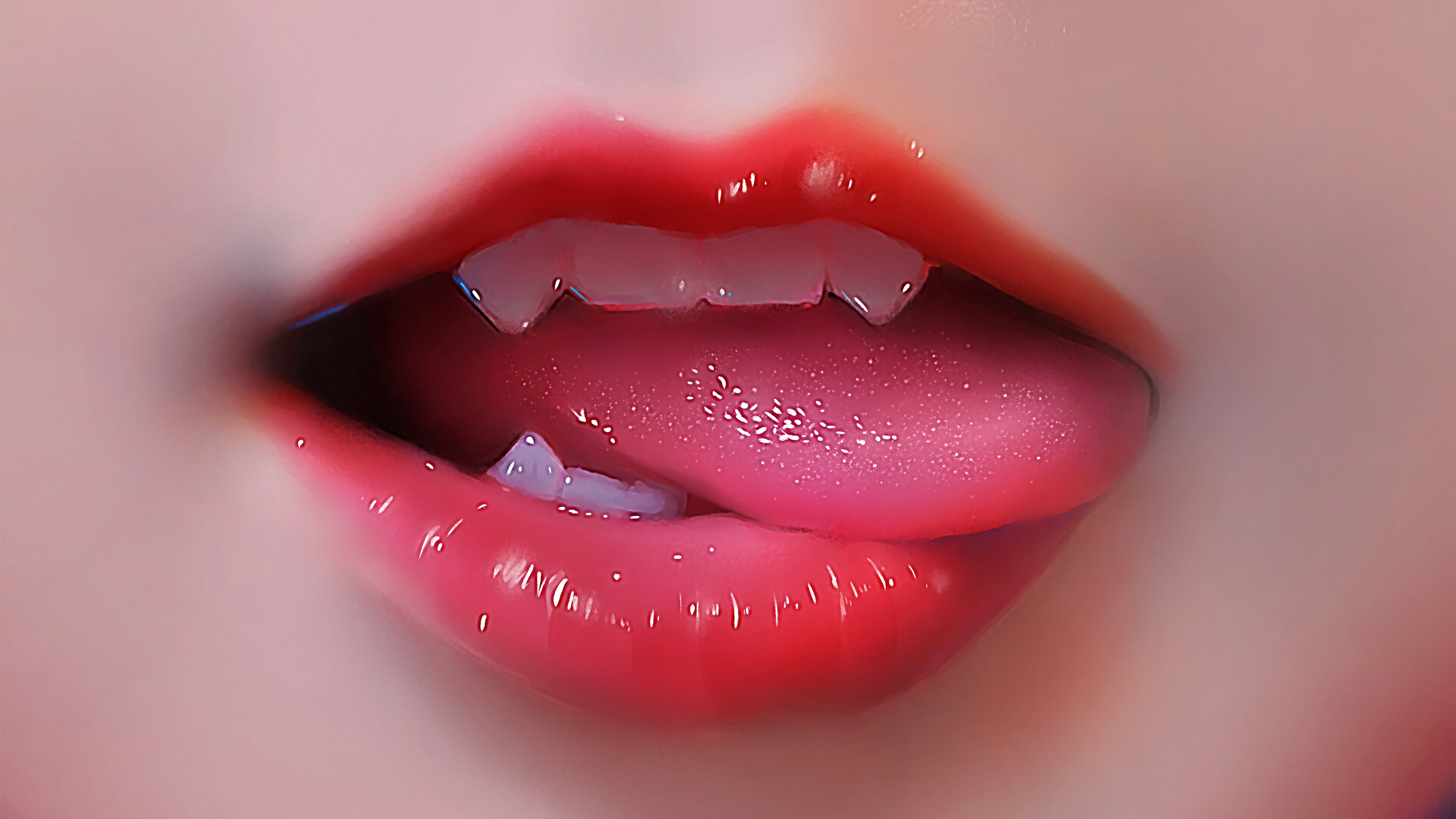 Mouth Licking Lips Anime Girls Closeup Fangs Red Lipstick 7676x4317