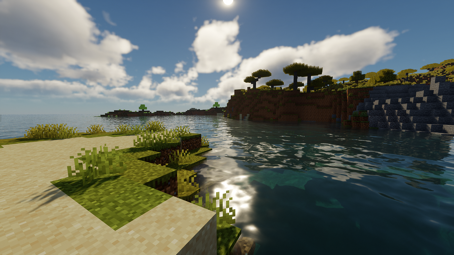 Minecraft Video Games Beach Water Afternoon CGi Sky Clouds Sun Cube Trees 1920x1080