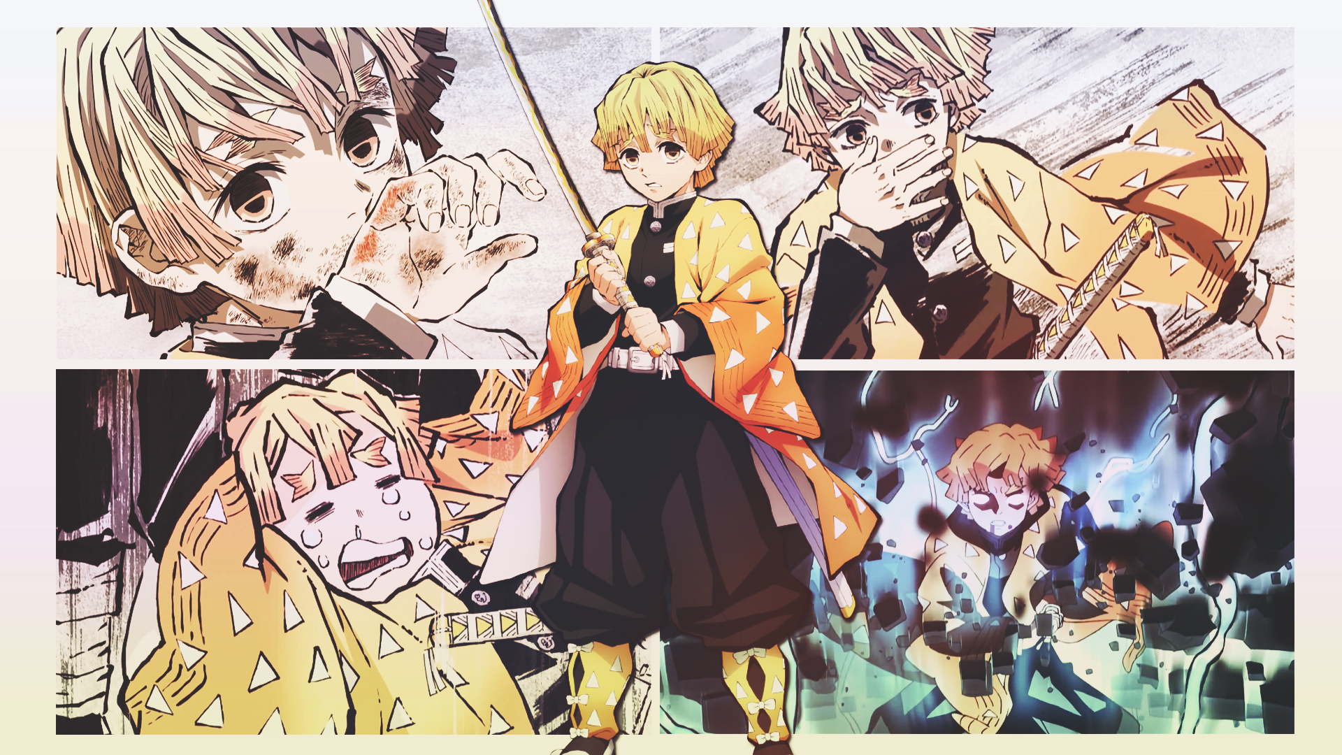 Anime Collage DinocoZero Anime Boys Kimetsu No Yaiba Zenitsu Agatsuma Uniform Katana Weapon Tears Cr 1920x1080