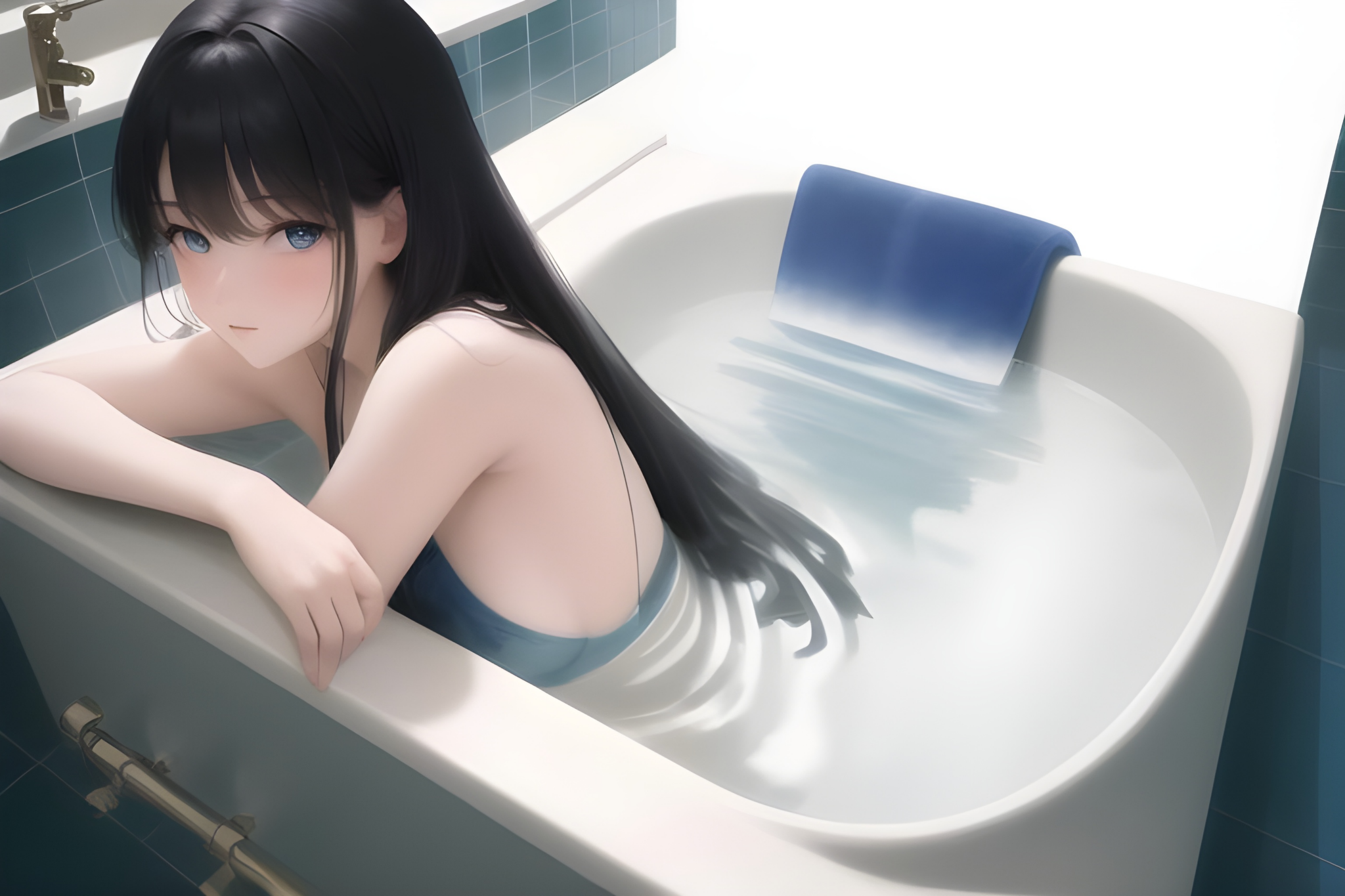 Women Bathtub In Bathtub Looking At Viewer Ai Art Anime Girls Water In Water Long Hair Bathroom 2048x1365