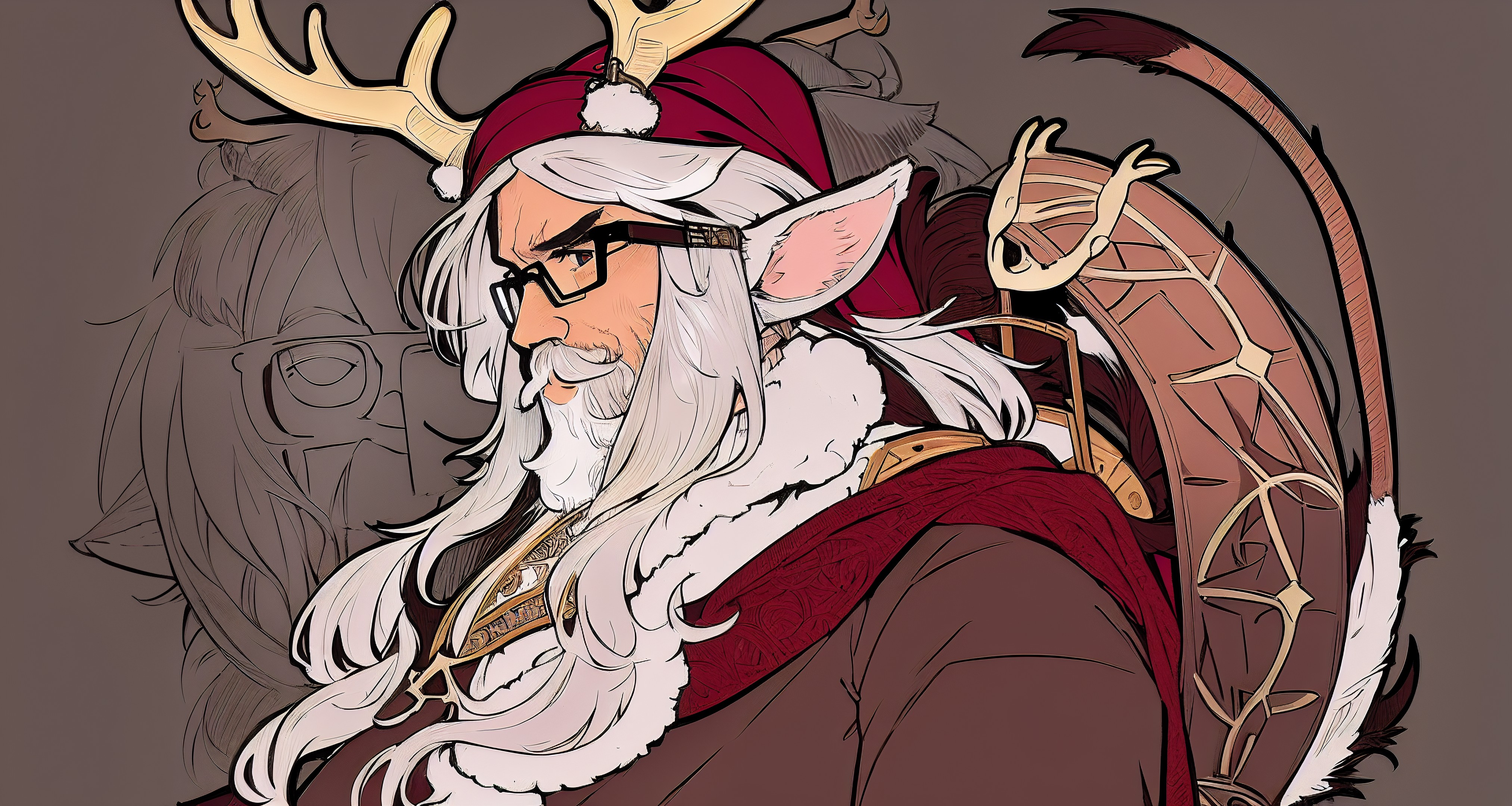 Ai Generated Santa Claus Antlers Beard Long Hair White Hair Animal Ears Glasses Fantasy Men Santa Ha 4050x2160