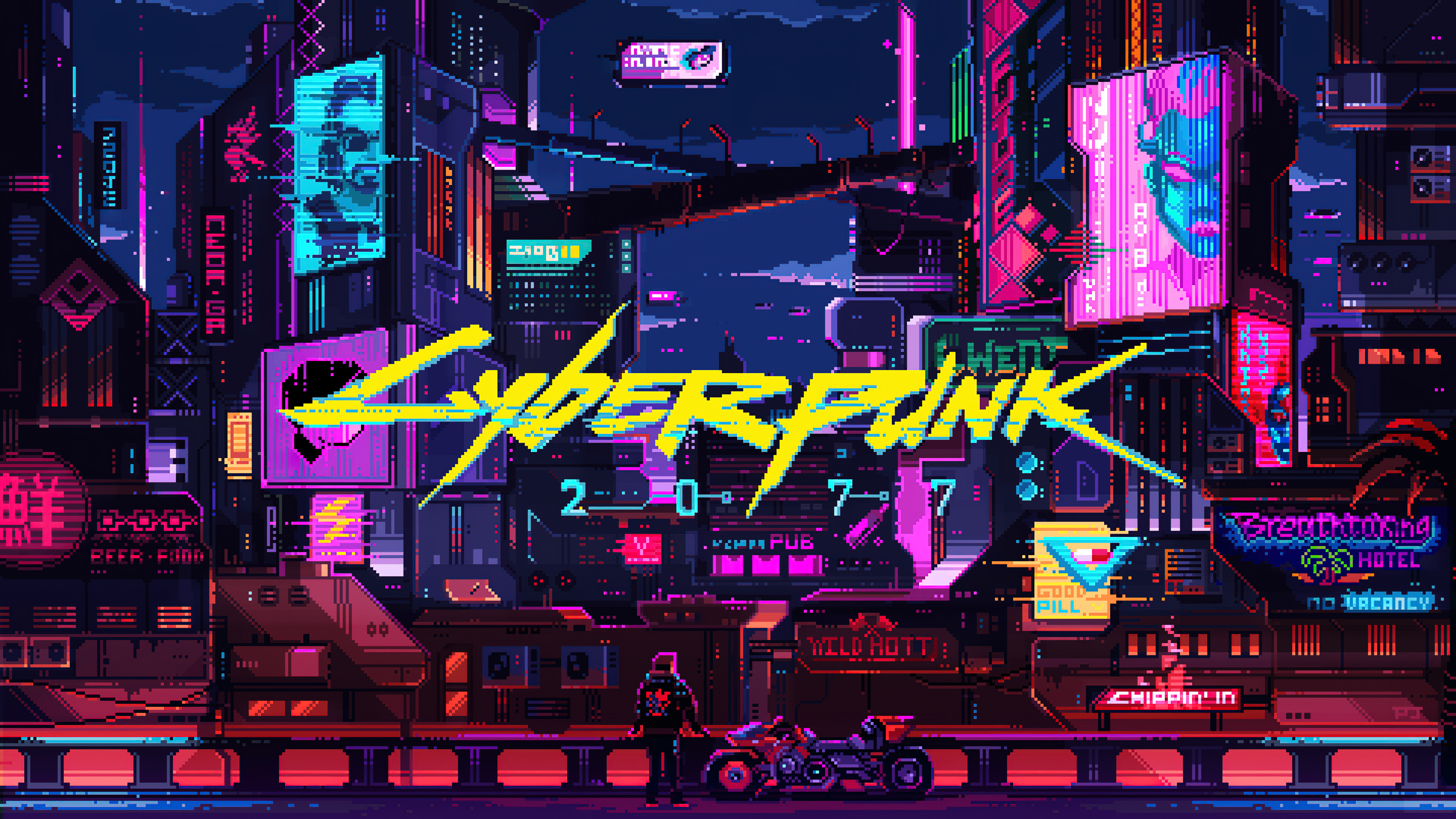 Cyberpunk 2077 City Cityscape Pixel Art Artwork Illustration Digital Art Skyscraper Futuristic Motor 3840x2160