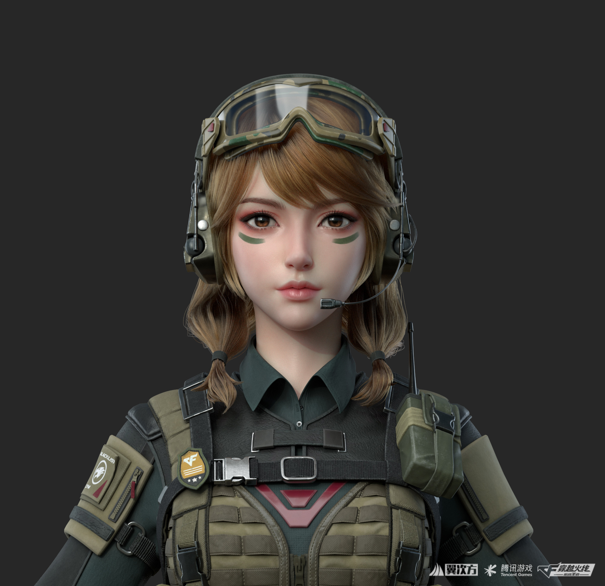 Cifangyi CGi Women Brunette Army Gear Face Paint Brown Eyes Portrait Simple Background Twintails 3D  1999x1937