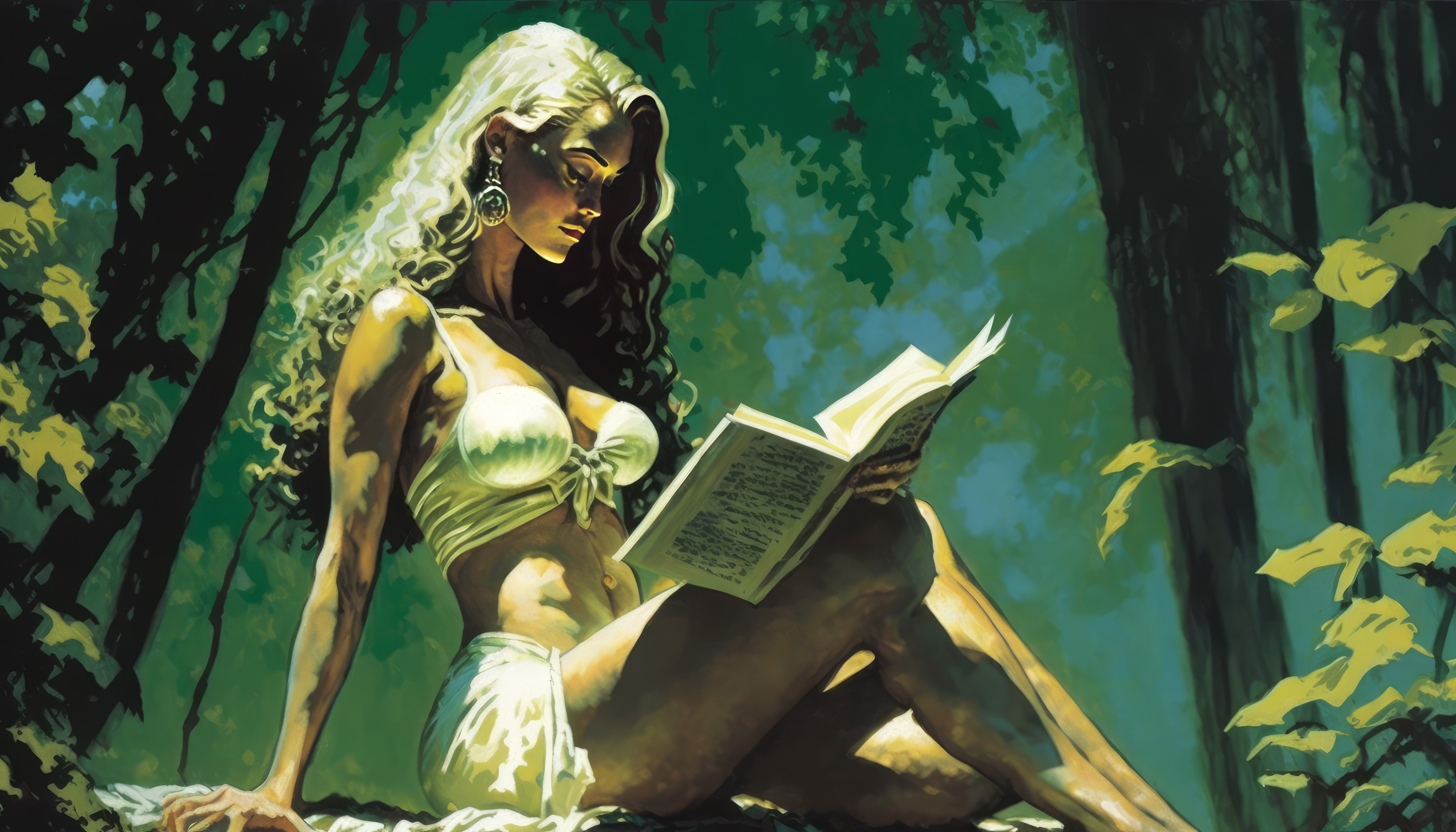 Ai Art Illustration Women Reading Books Blonde Leaves Earring 4579x2616
