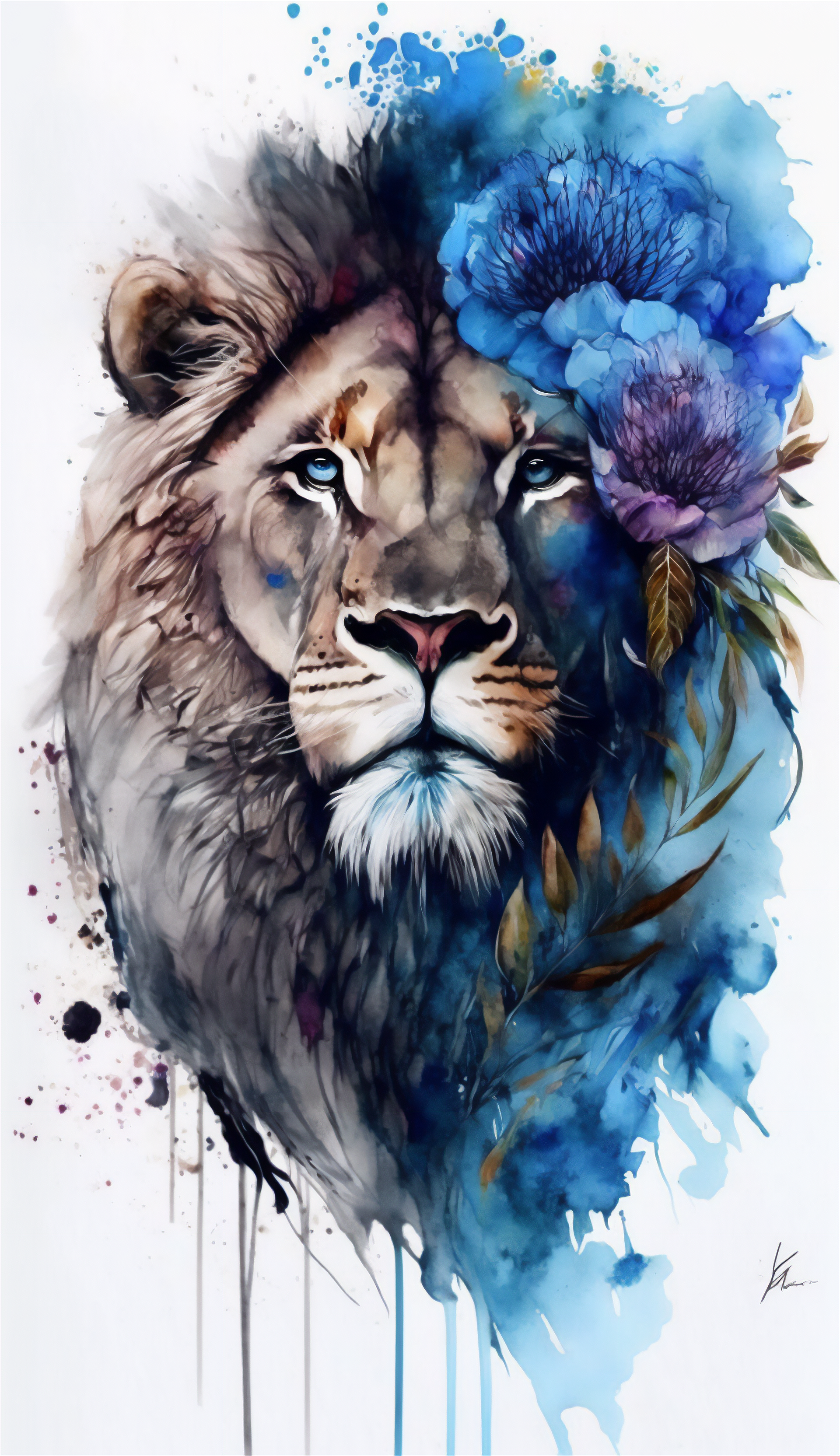 Ai Art Vertical Portrait Display Lion Watercolor Illustration Flowers Minimalism Looking At Viewer A 1920x3328