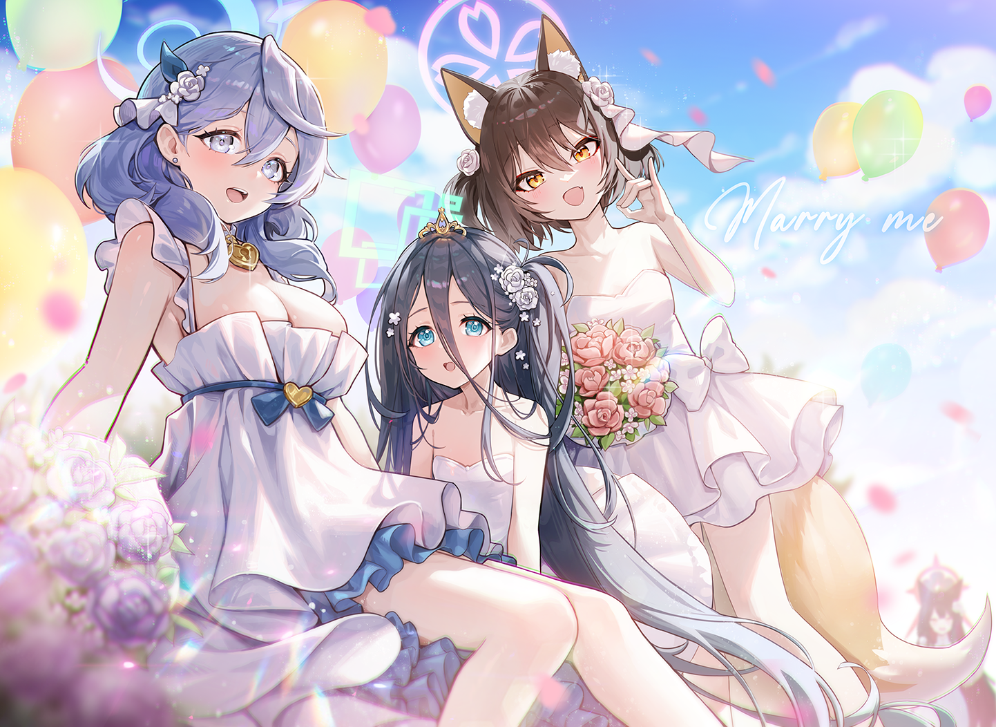 Anime Anime Girls Group Of Women Dress White Dress Flowers Balloon Looking At Viewer Sky Blue Archiv 1442x1052