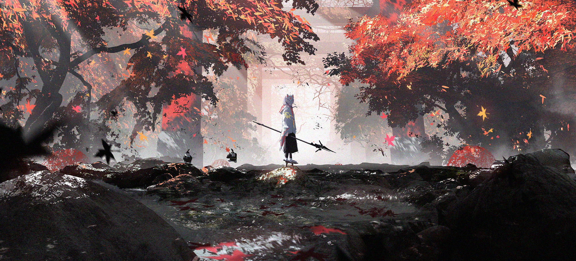 Landscape Trees Maple Leaves Leaves Anime Boys Mask Weapon 2000x905