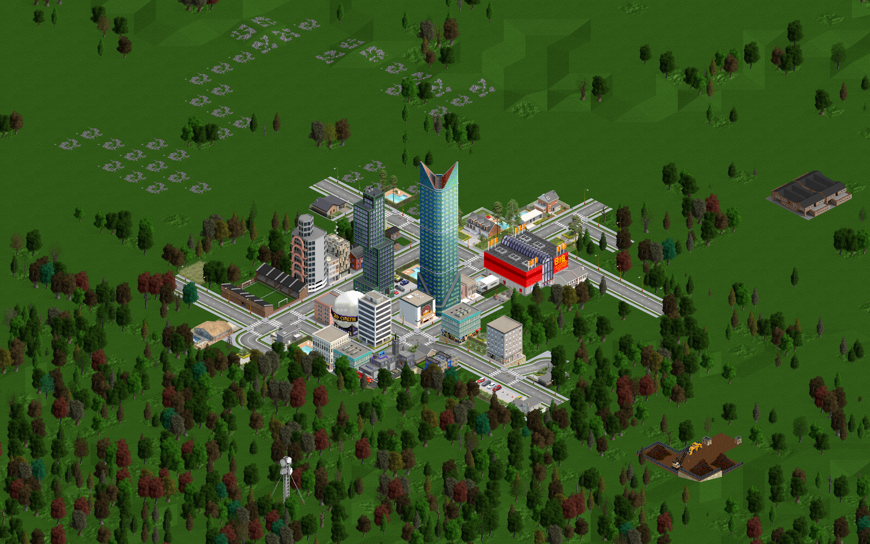 OpenTTD Pixel Art City Map Screen Shot Digital Art Trees City Building SimCity 2000 3556x2222