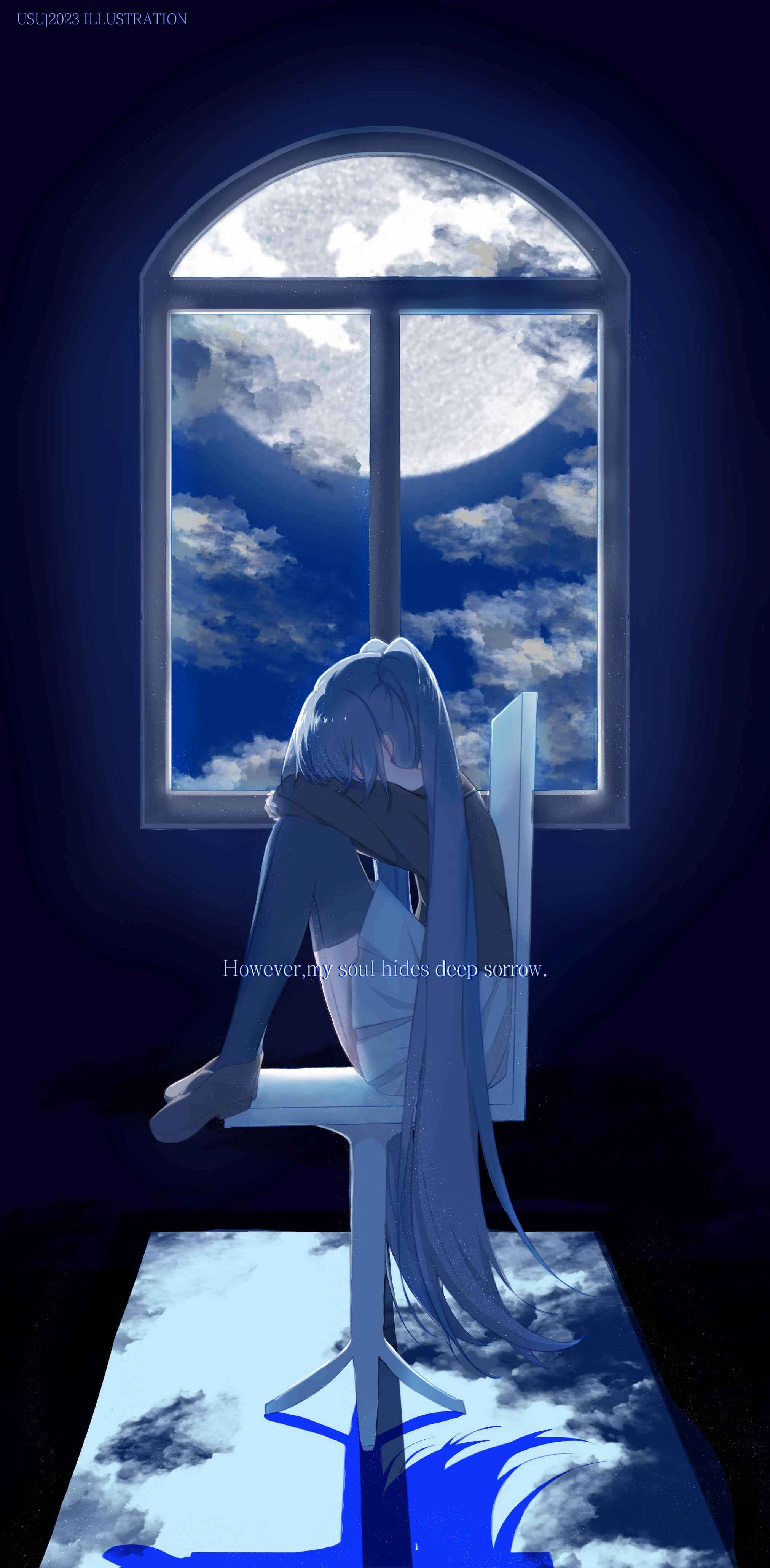 Anime Anime Girls Vocaloid Hatsune Miku Long Hair Twintails Blue Hair Window Moon Moonlight Chair Si 2023x4117