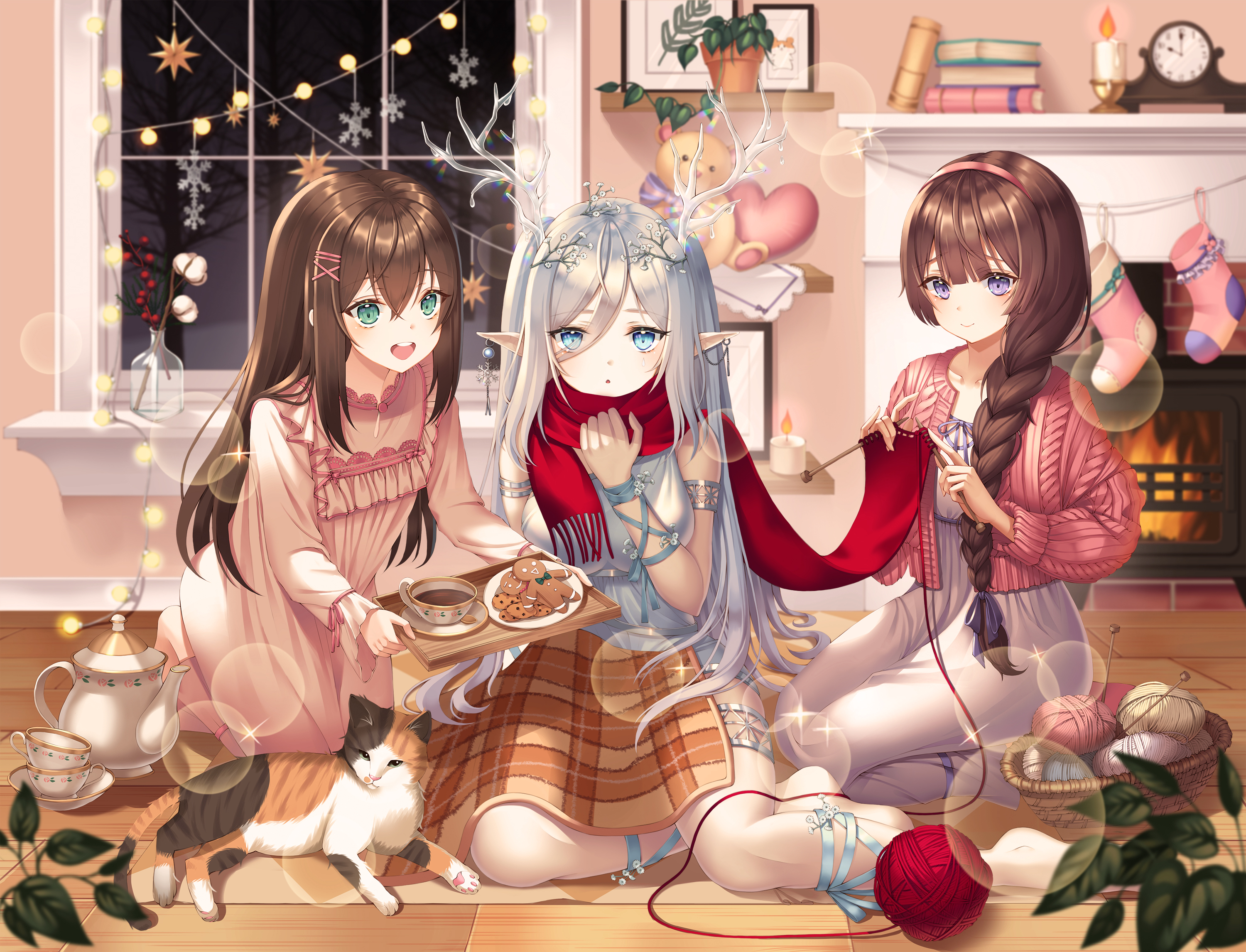 Anime Girls Pointy Ears Scarf Cats Leaves Braided Hair Christmas Cookies Snowflakes Sweater Animals  3000x2292