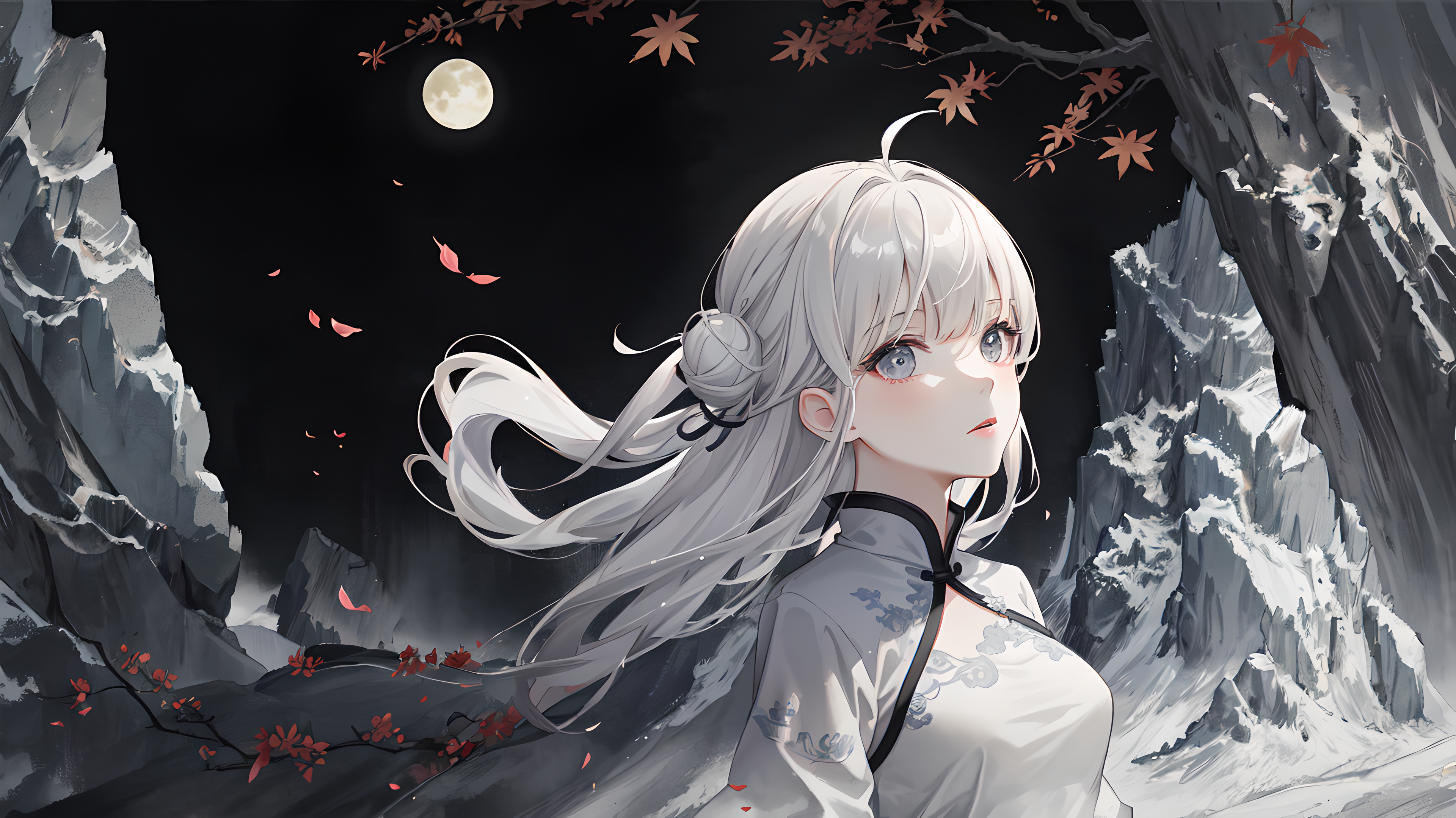 Ai Art White Hair White Clothing Night Maple Leaf Anime Girls Moon Chinese Dress Leaves Looking At V 3840x2160