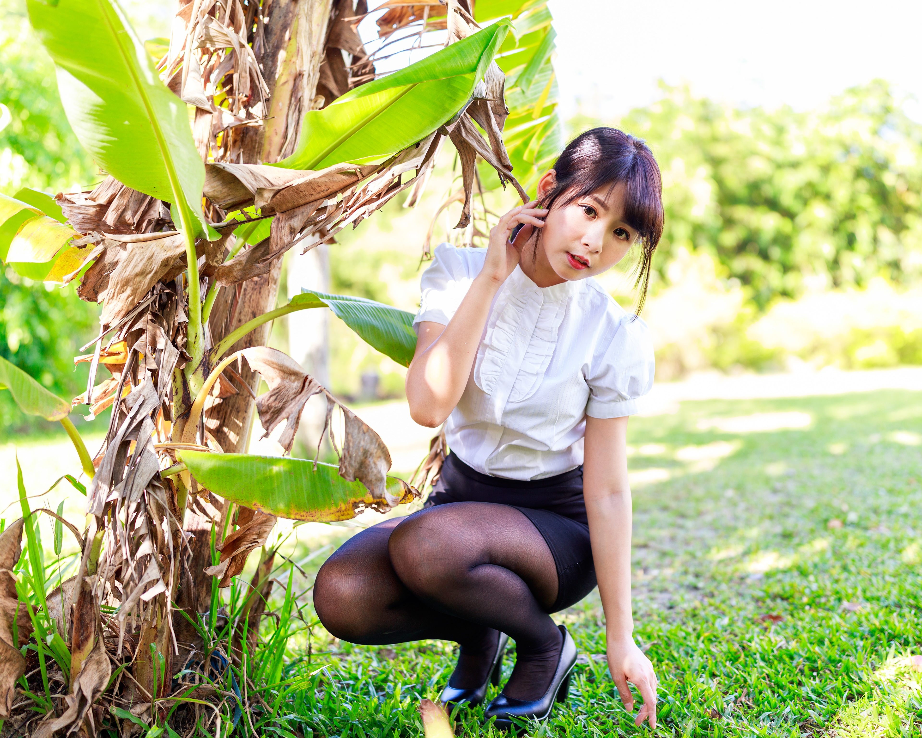 Asian Model Women Long Hair Dark Hair Black Skirts Depth Of Field Blouse Plants Bushes Grass Ponytai 3840x3072