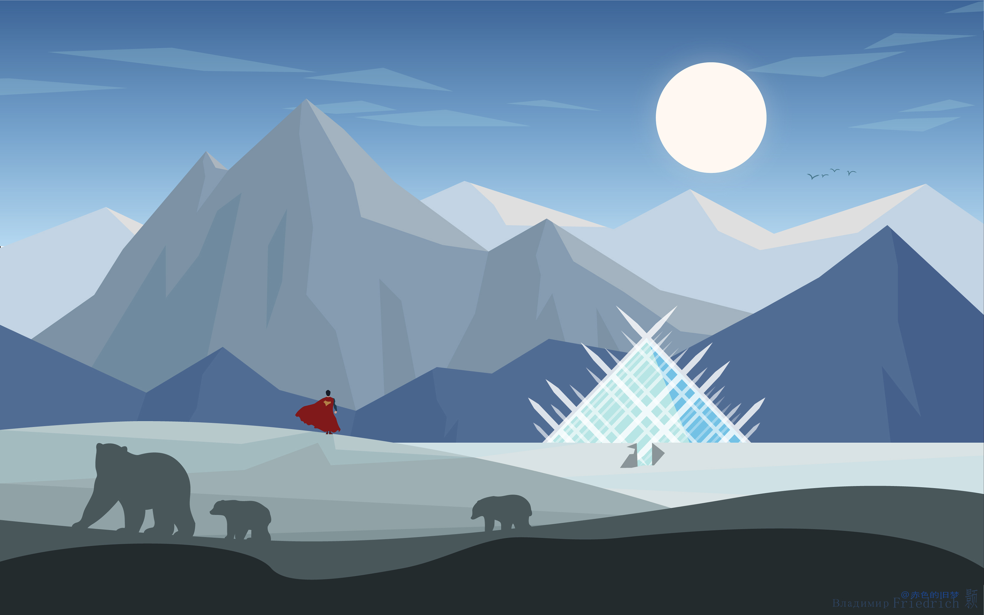 Flatdesign Landscape Superman Fortress Of Solitude Minimalism Polar Bears Mountains Superhero 3200x2000