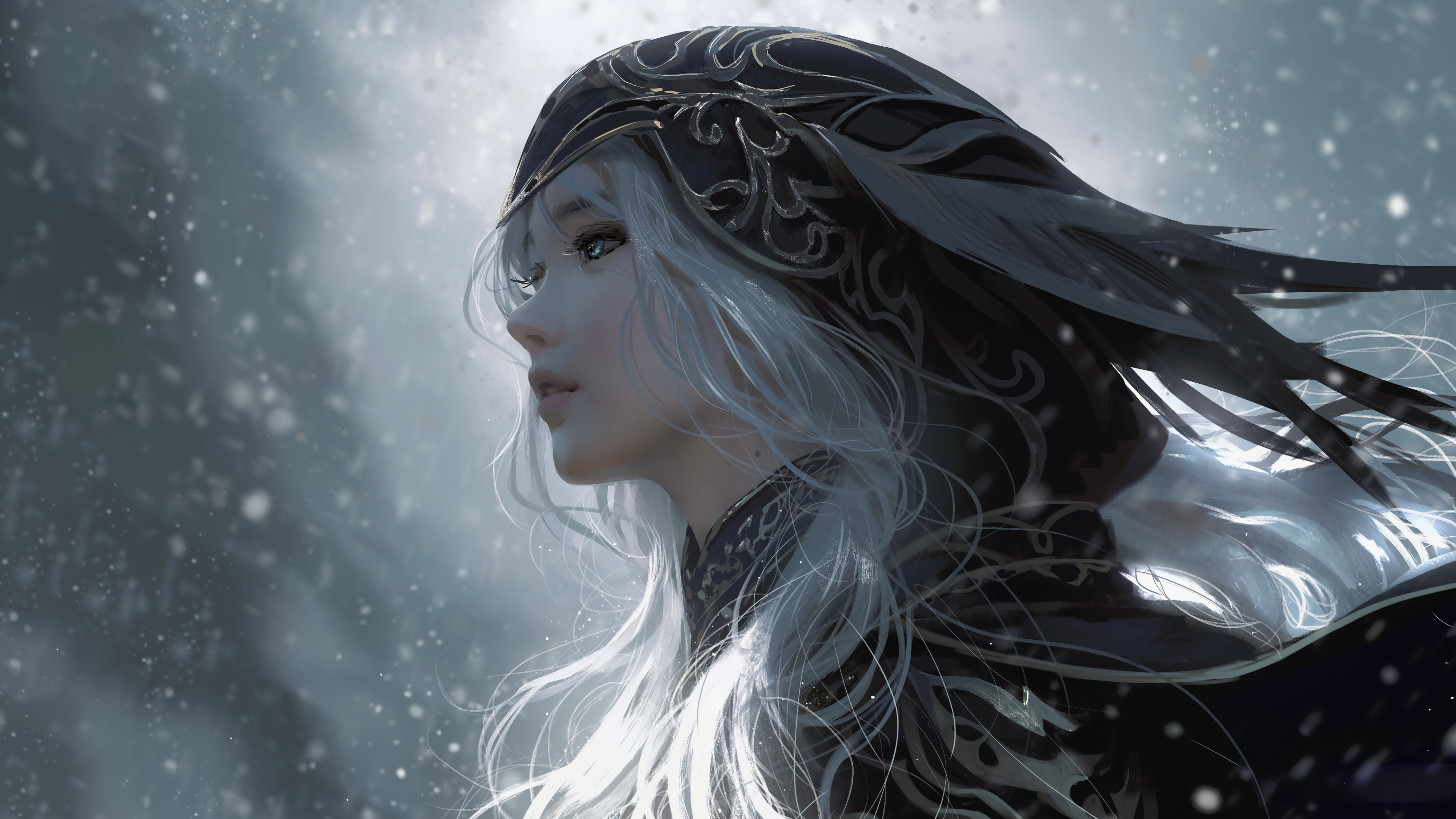 Digital Art Artwork Illustration 4K Women White Hair Long Hair Hoods Fantasy Art Fantasy Girl Side V 3840x2160