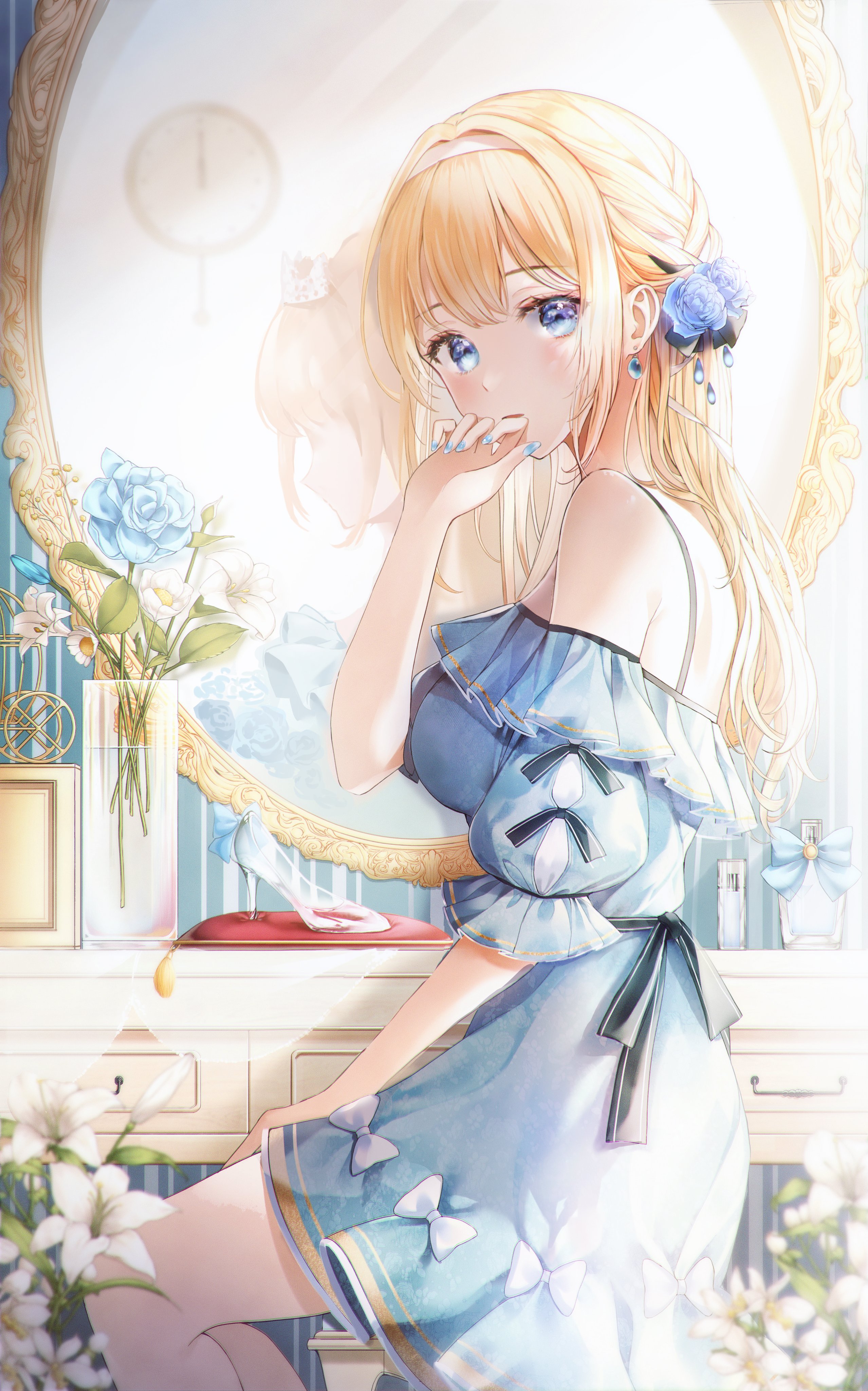Anime Anime Girls Blonde Blue Eyes Mirror Reflection Flowers Blue Rose Heels 2557x4096
