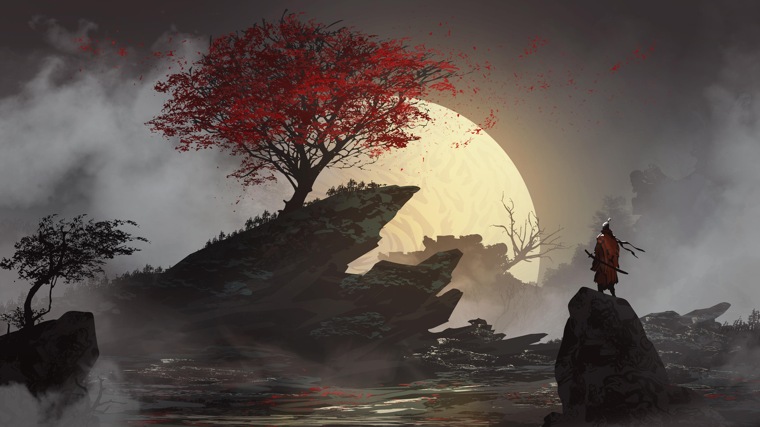 Digital Art Samurai Moon Katana 2560x1440
