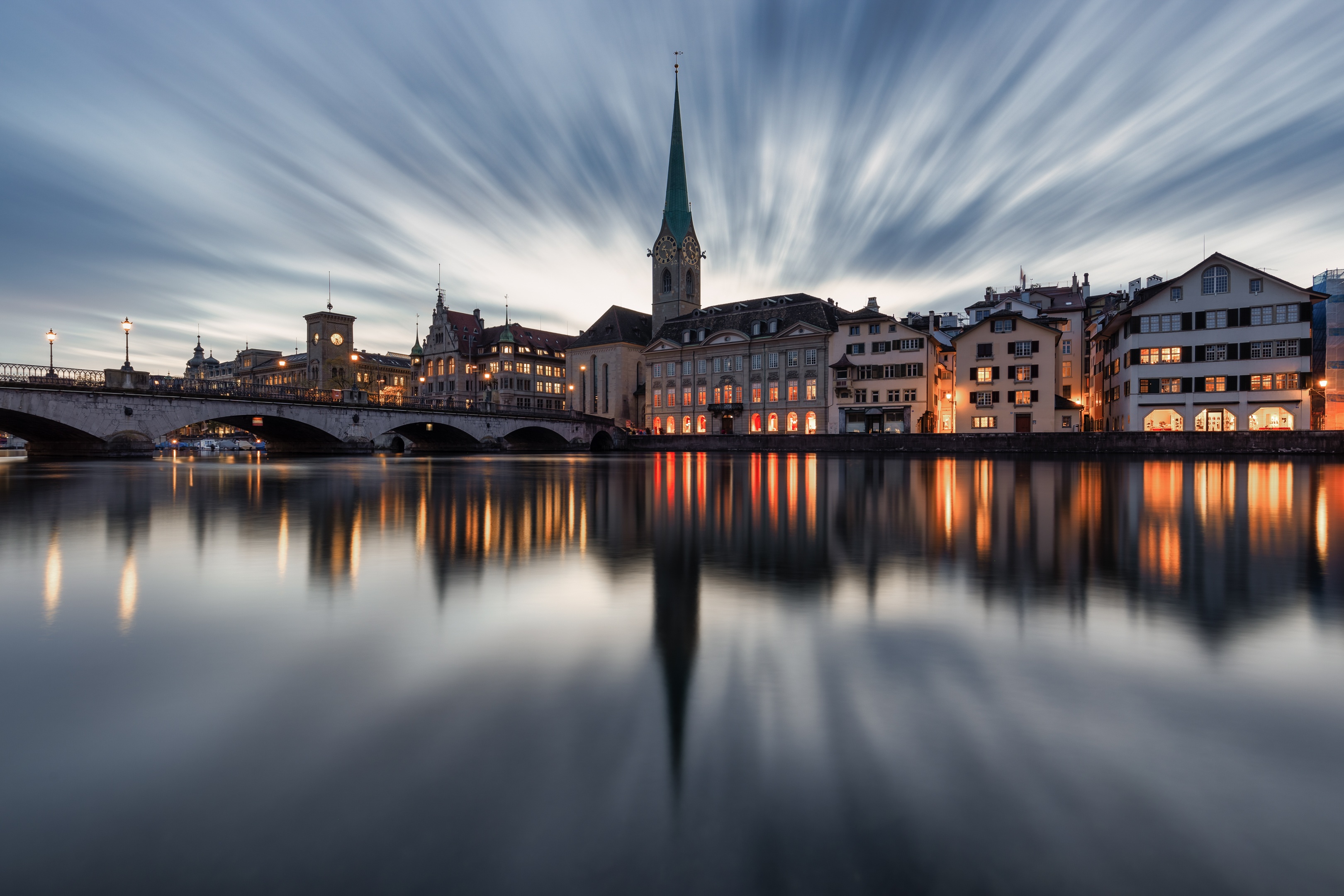Zurich Switzerland Europe Photography Long Exposure City Bridge Architecture Reflection River Clouds 3240x2160