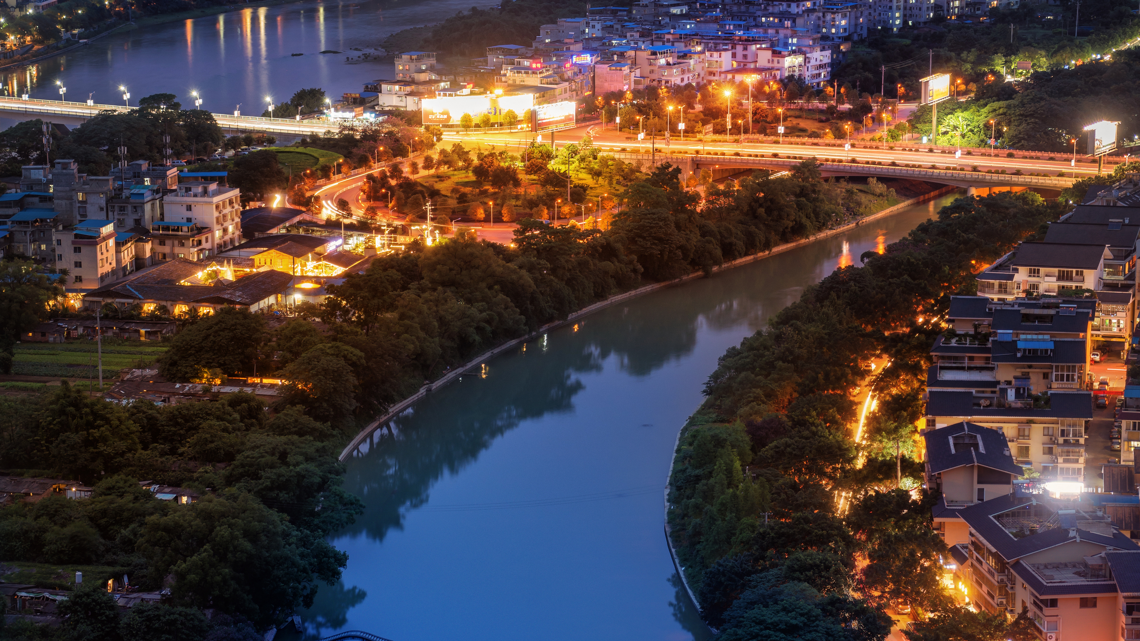 Cityscape 4K Building Water Night Lights Bridge Guilin China City 3840x2160