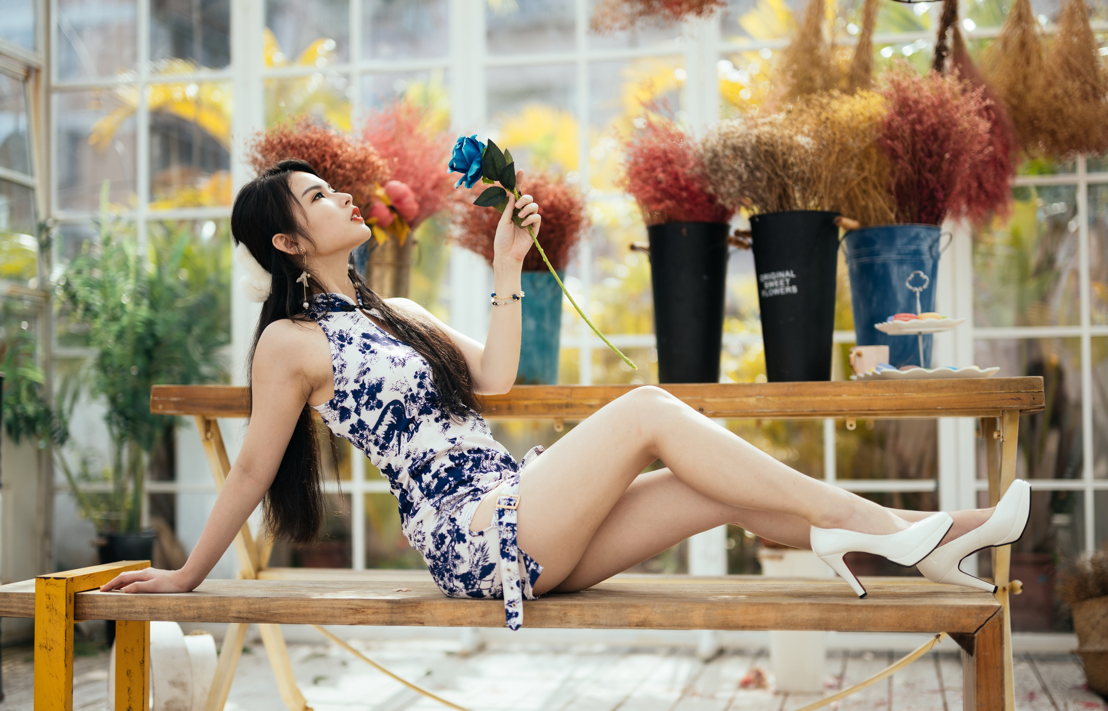 Asian Model Women Long Hair Dark Hair Sitting High Heels Cheongsam 3840x2467