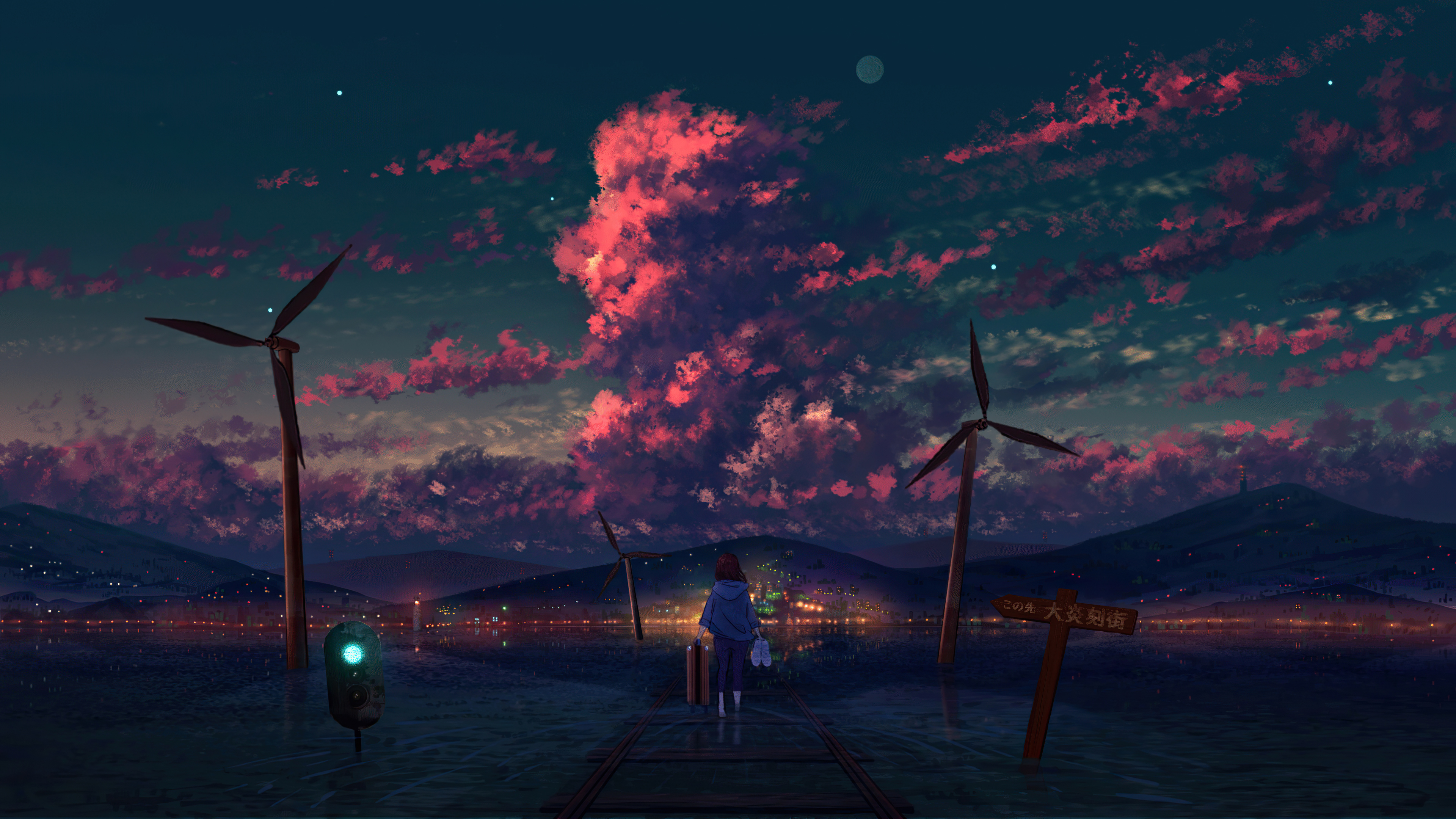 Anime Anime Girls Scenery Clouds City Lights Mountains 3840x2160