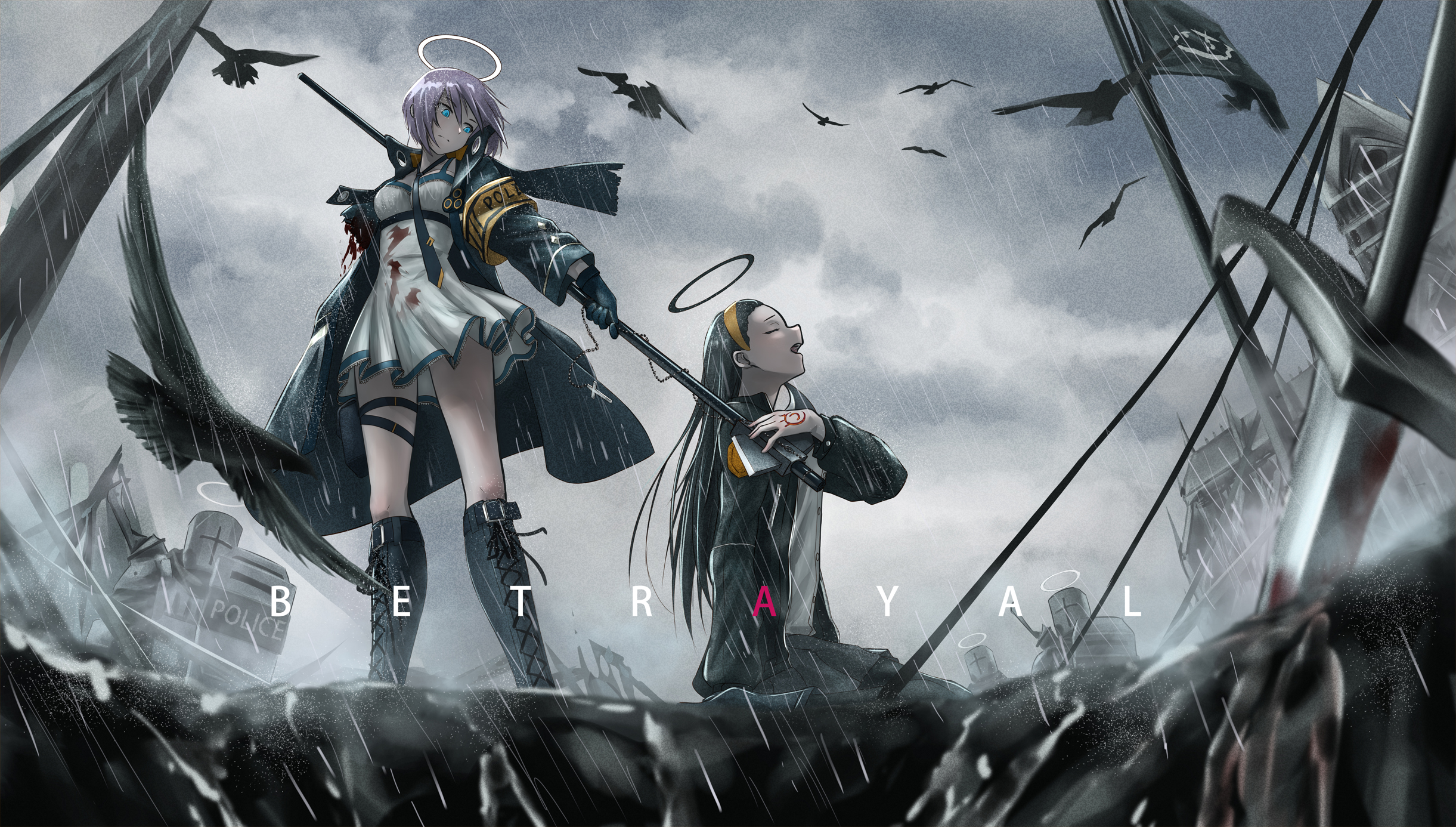 Lu Artist Original Characters Birds Anime Girls Rain Nimbus 2442x1386