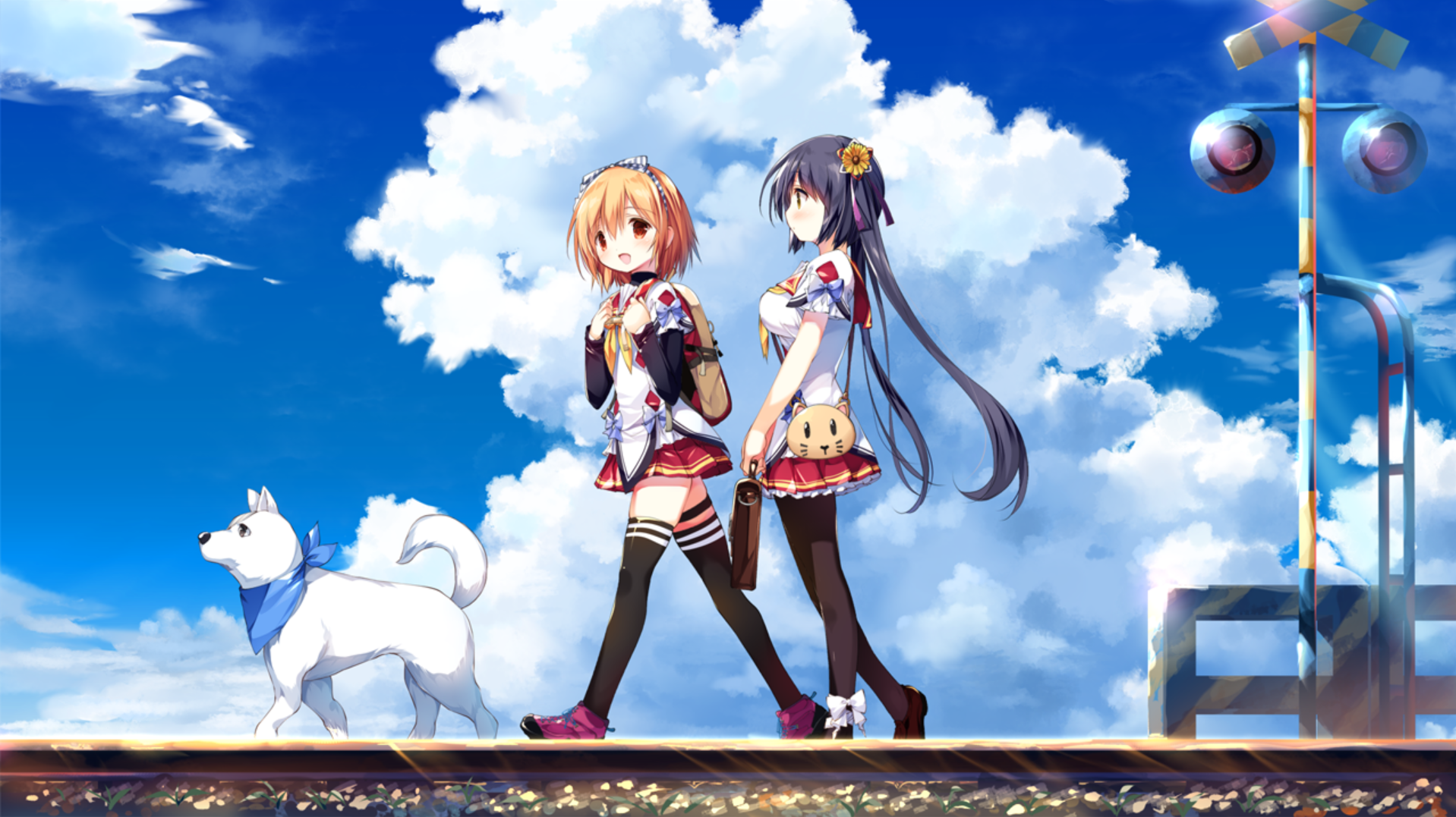 Camus In The Blue Sky Sky Galgame Anime Girls Walking Clouds Schoolgirl School Uniform Blushing Sunl 1918x1077