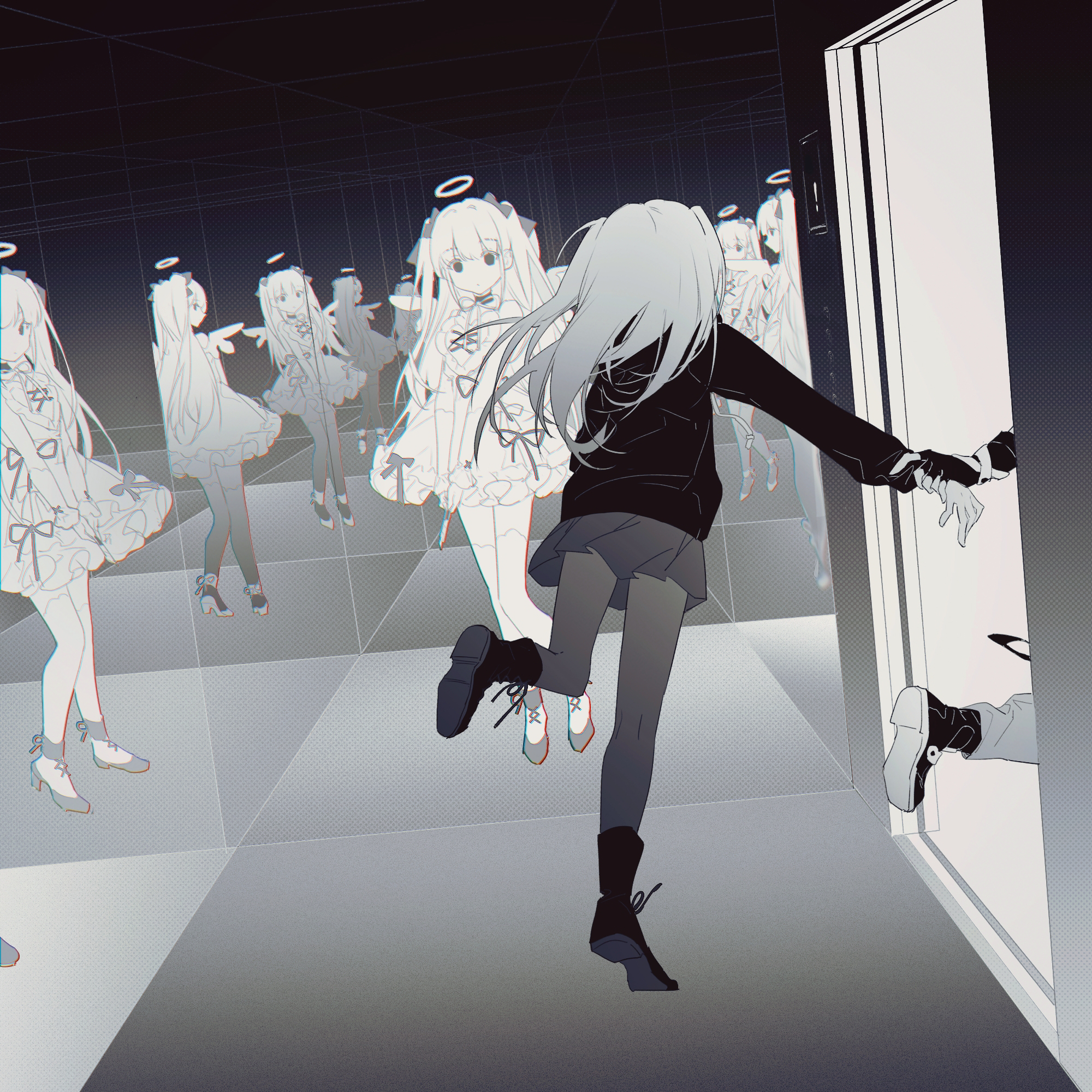 Anime Anime Girls Running Reflection Nimbus Long Hair Monochrome Standing Dress Wings 2000x2000