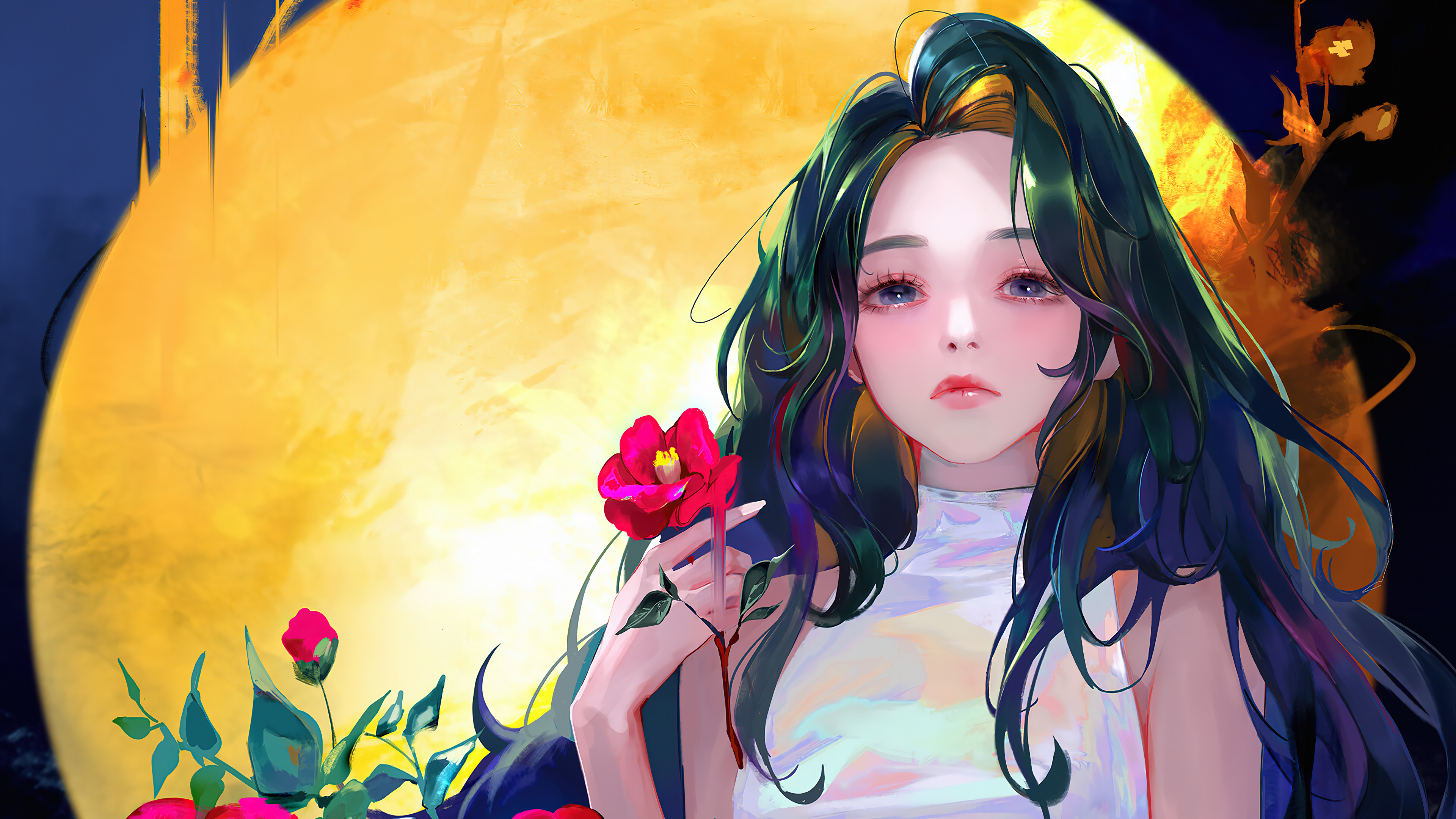Anime Girls Flowers Digital Art Long Hair 3840x2160