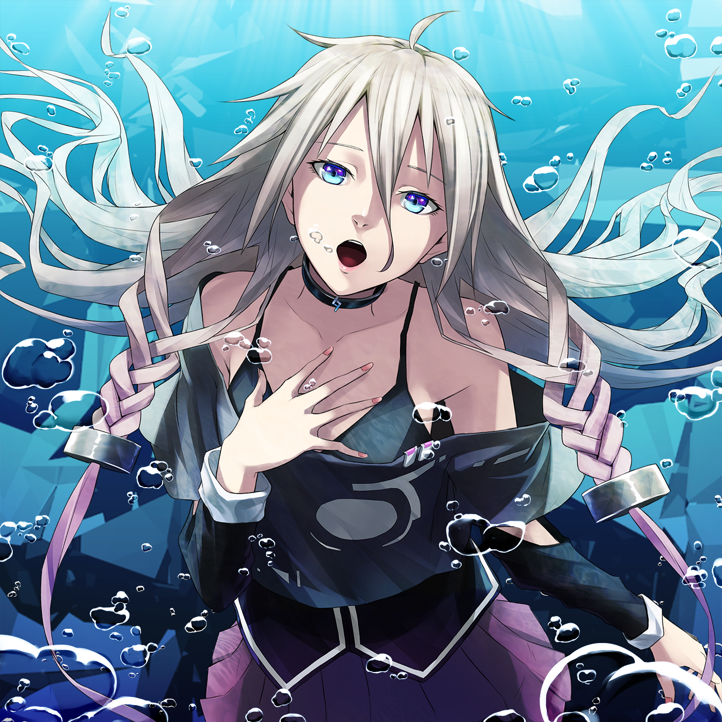 SuGi Anime Girls IA Vocaloid Vocaloid Water Underwater Choker Bubbles Looking At Viewer 1417x1417