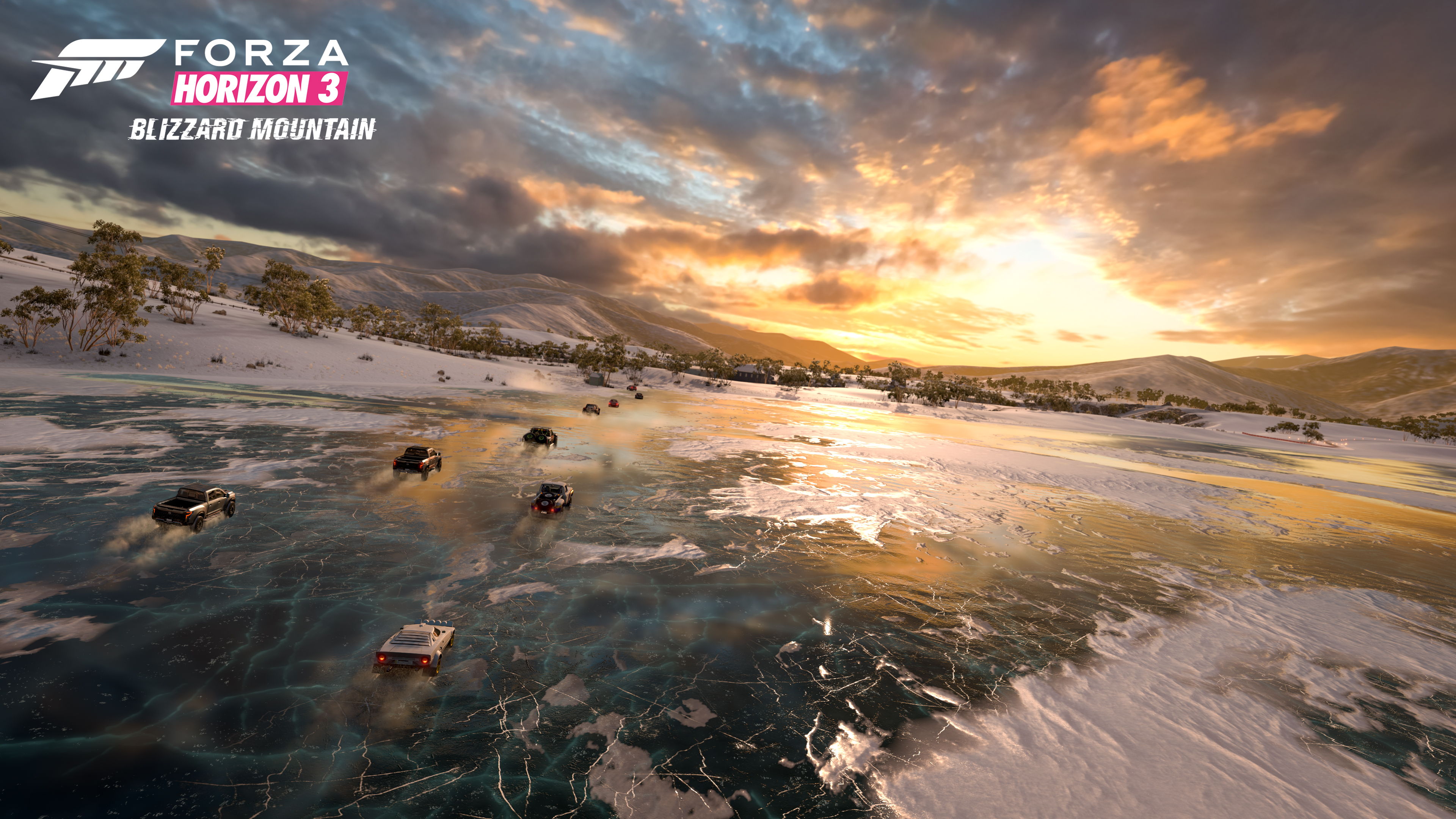 Forza Horizon 3 Video Games Ice Clouds Sunset Glow CGi Car Logo Sky Race Cars 3840x2160