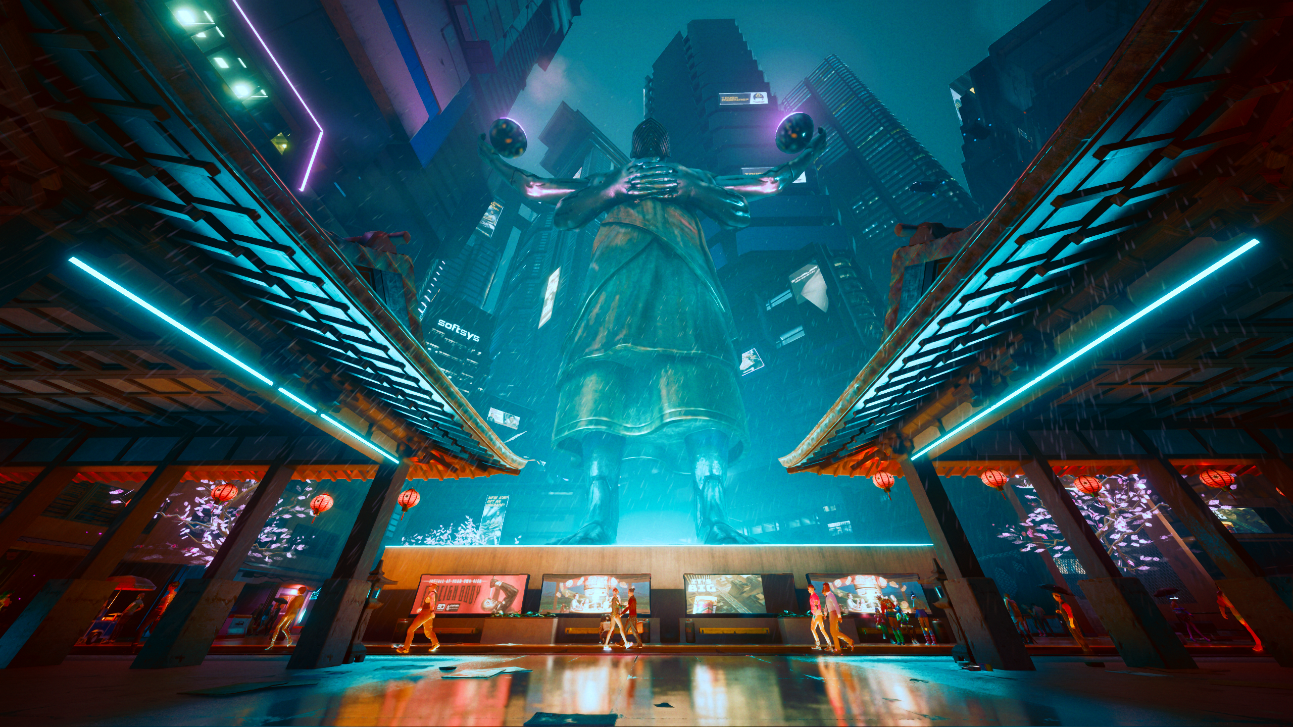 Screen Shot Cyberpunk 2077 CD Projekt RED Video Games CGi Statue City City Lights 2560x1440