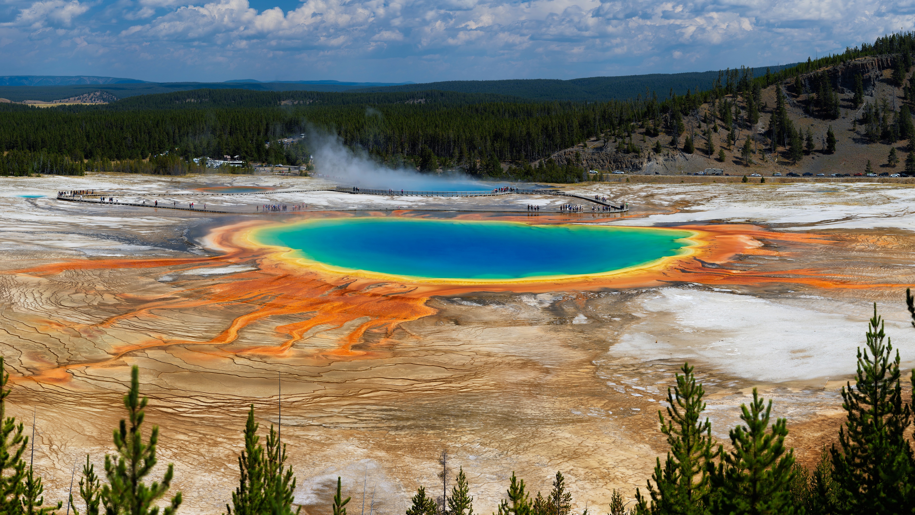 Yellowstone National Park USA Nature Landscape Lake Forest Sky Clouds Grand Prismatic Spring Water 3840x2160