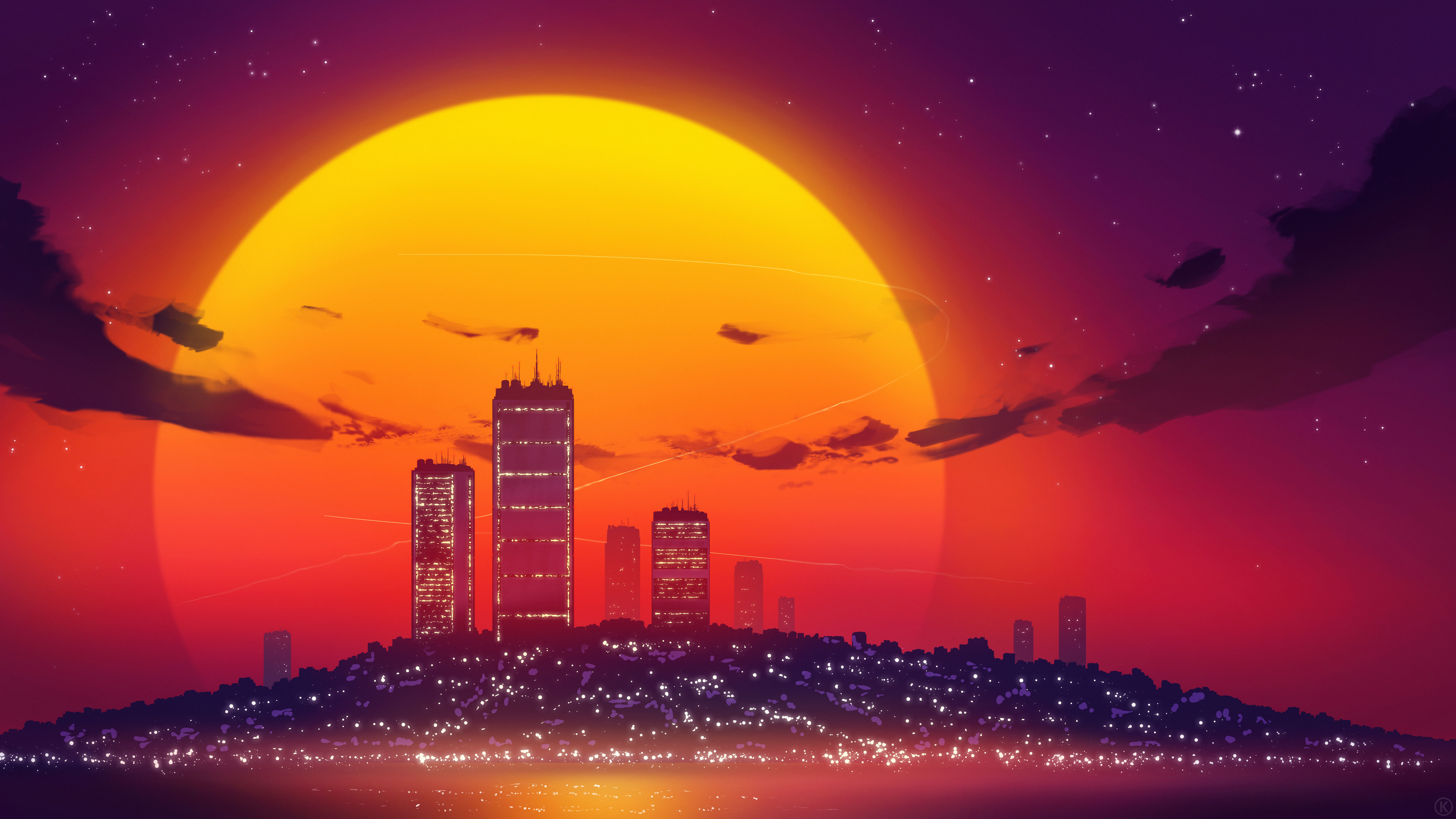 Kvacm Digital Art Digital Artwork Illustration Cityscape Landscape Sunset Retro Wave Synthwave Sun C 7680x4320