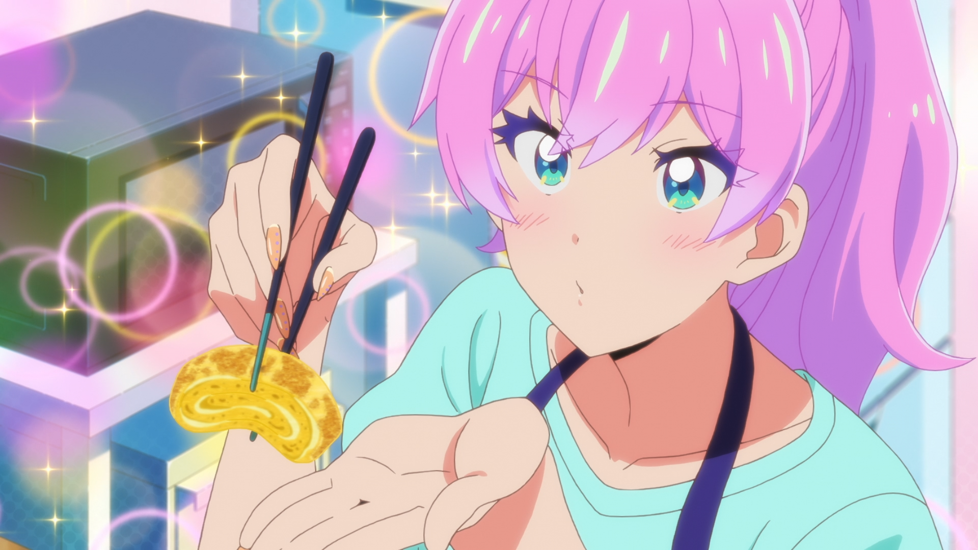 Pink Hair Akari Watanabe Anime Girls Chopsticks Anime Food Stars Anime Screenshot Long Hair 1920x1080