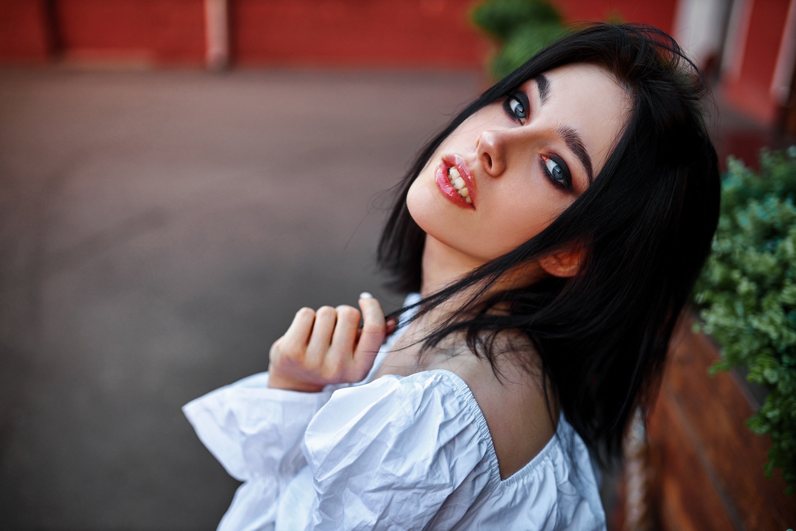 Sergey Bogatkov Women Dark Hair Blue Eyes Looking At Viewer White Clothing Outdoors Lip Gloss Head T 2560x1707