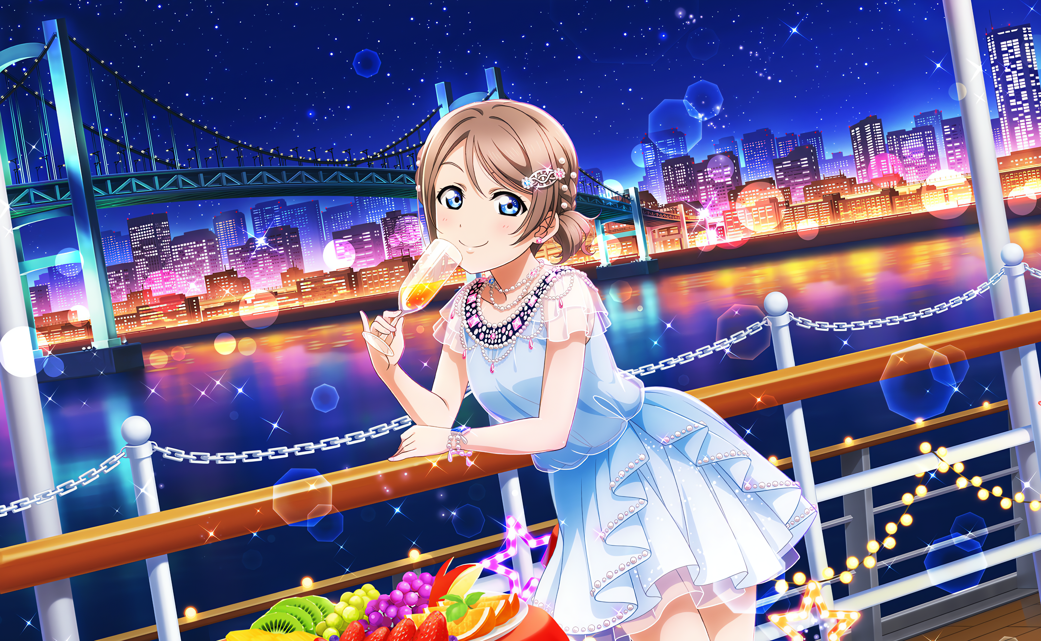 Watanabe You Love Live Love Live Sunshine Anime Anime Girls Bridge Champagne Glass Smiling Looking A 4096x2520