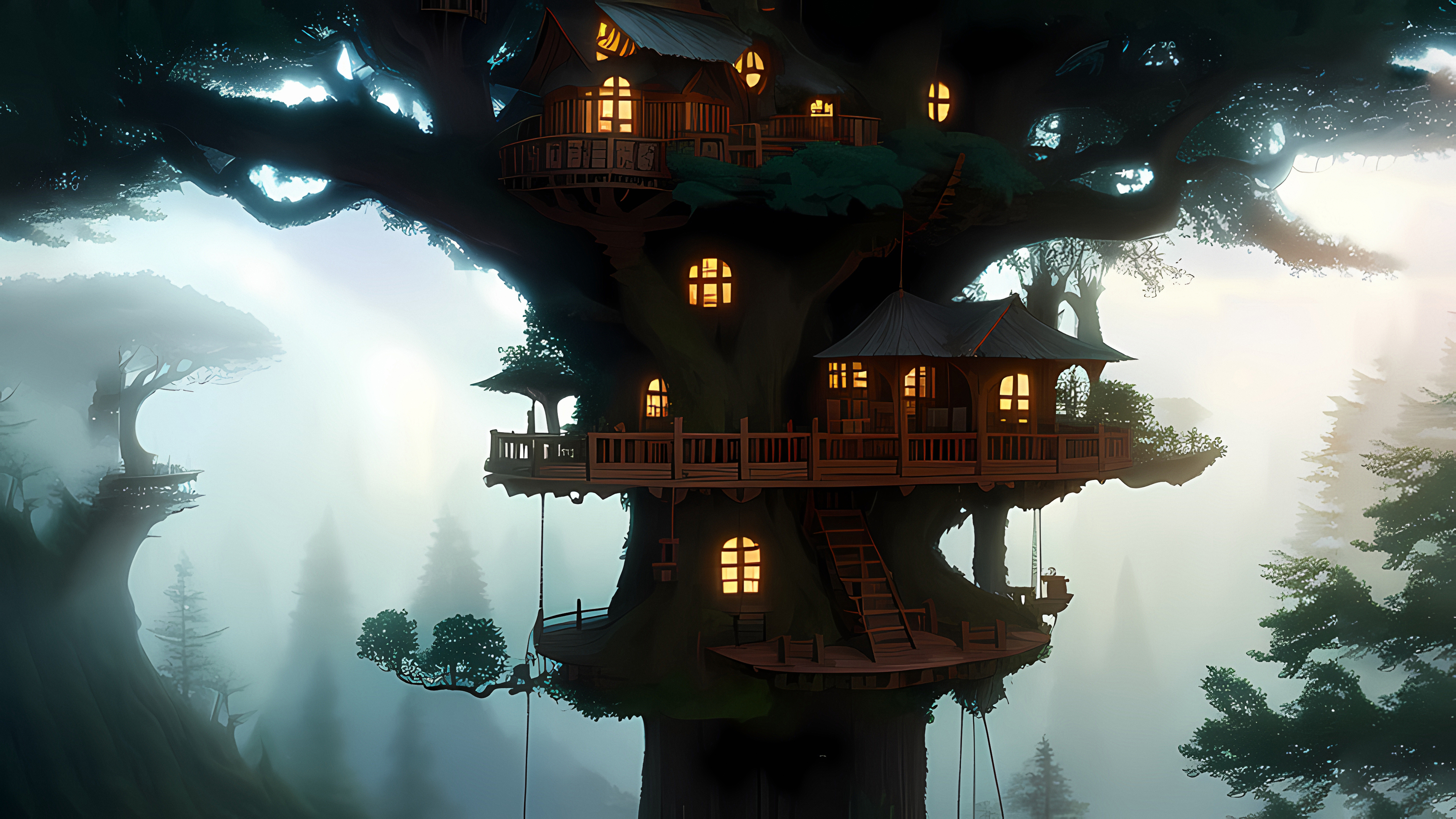 Stable Diffusion 4K Ai Art Tree House Lights Dawn Trees Nature 3840x2160