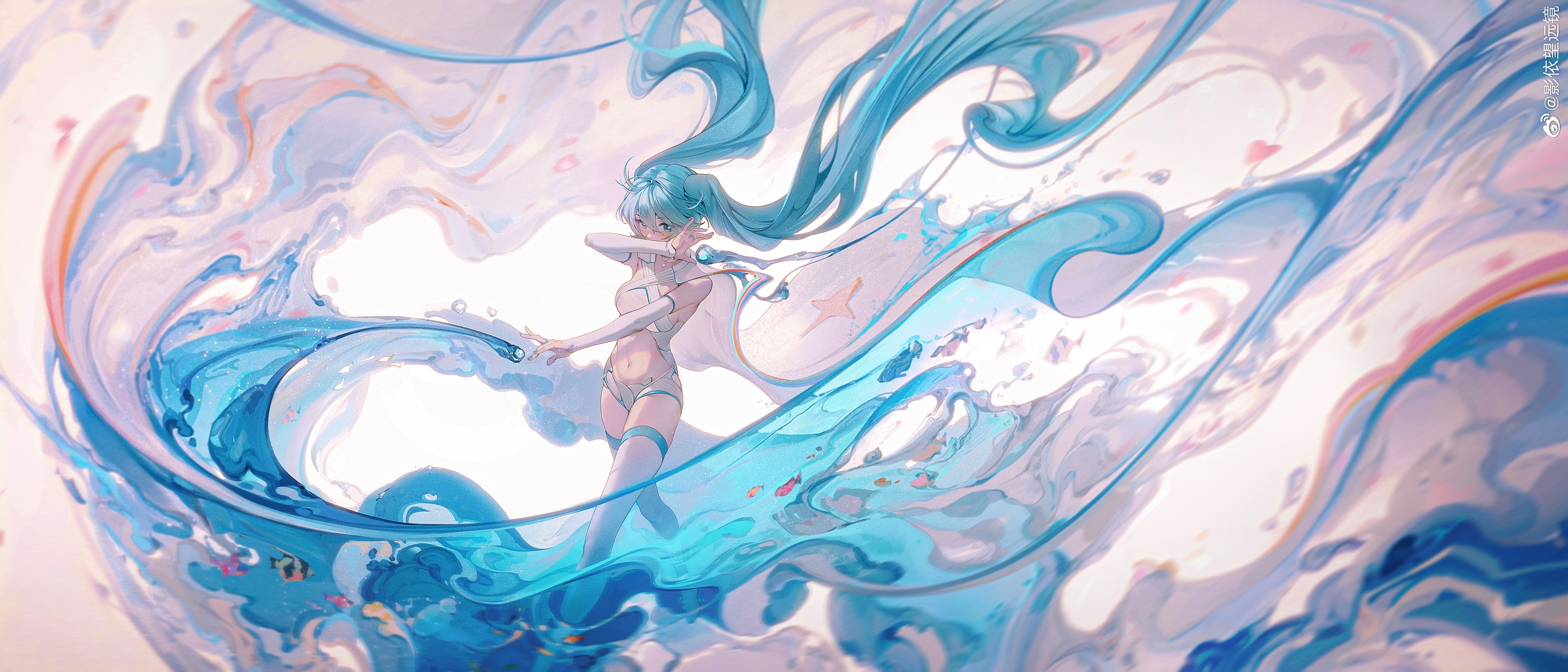 Ying Yi Anime Girls Illustration Water Blue Twintails Hatsune Miku Looking At Viewer Thigh Highs Blu 4000x1714